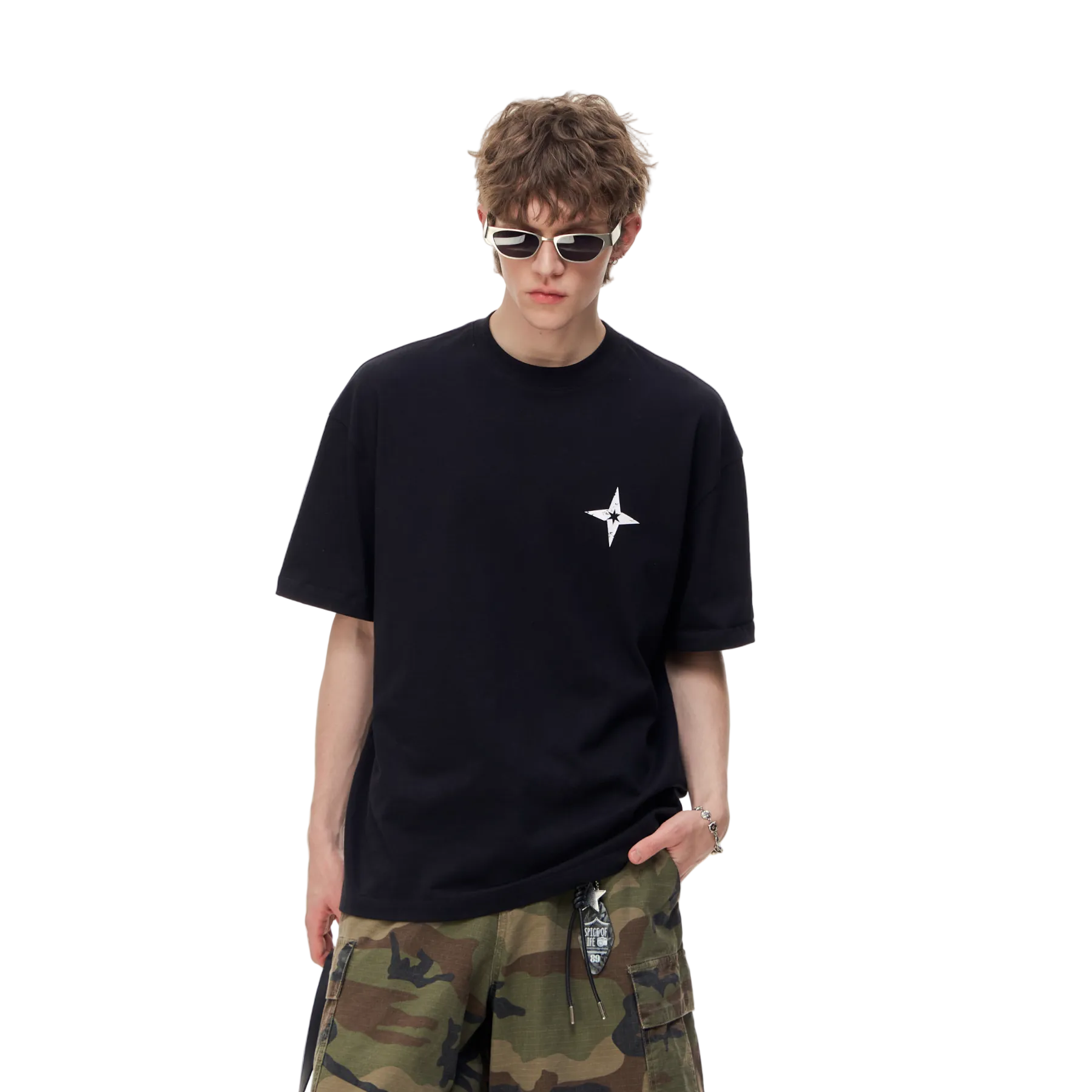 Black Four-Pointed Star Print Short-Sleeve T-Shirt