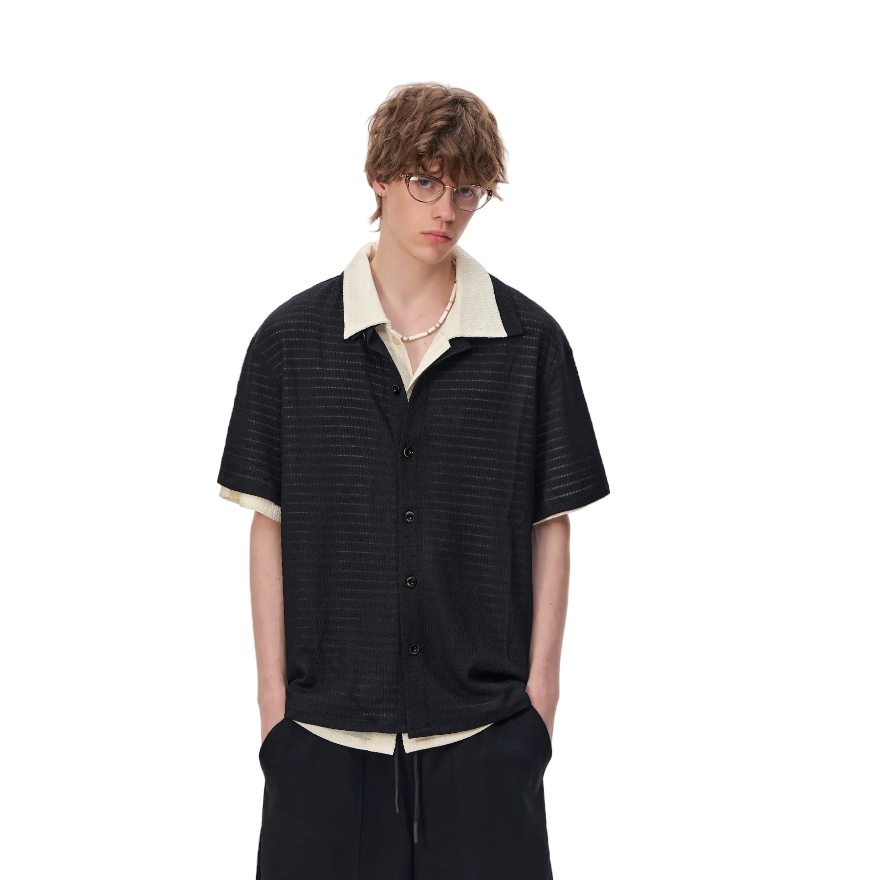 Black Embossed Striped Short-Sleeve Shirt