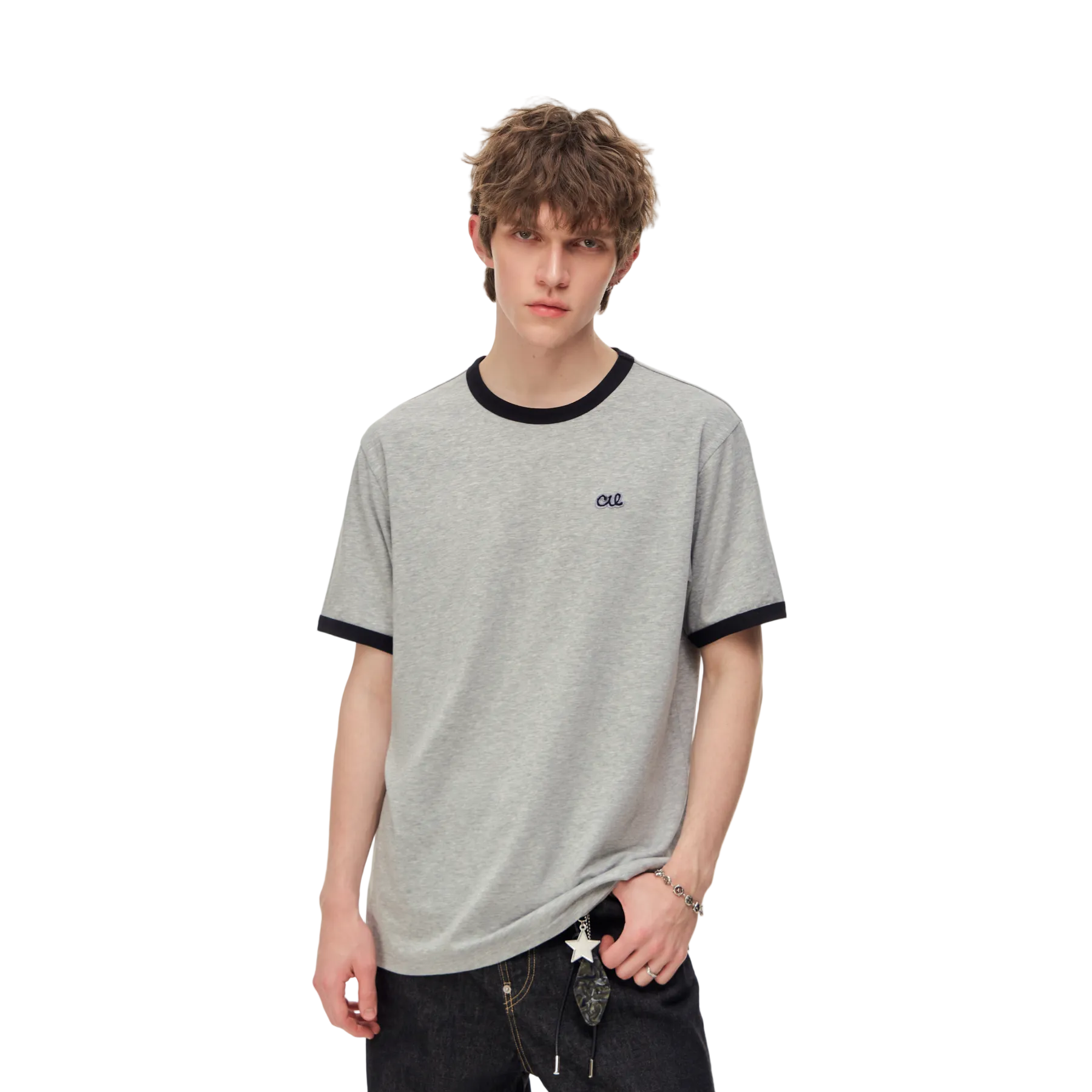 Grey Lyocell Color-Blocked Embroidered Short-Sleeve