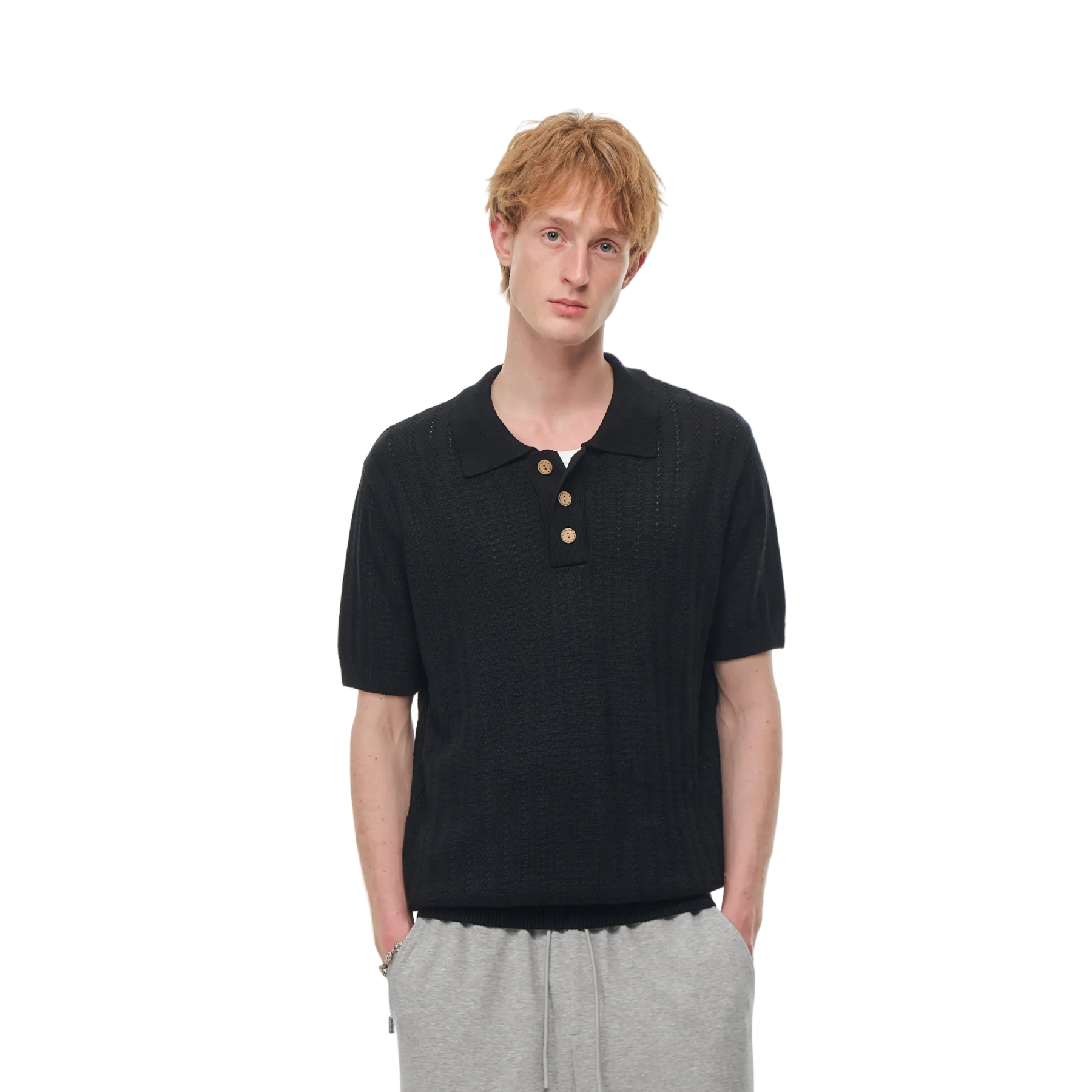 Black Wheat-Pattern Textured Knit Polo Shirt