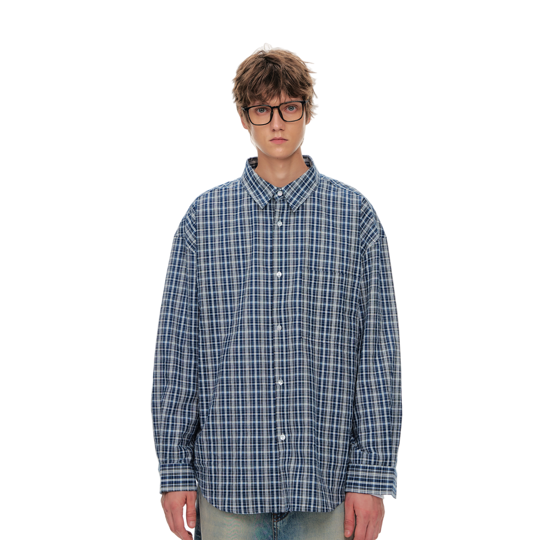 Blue Wrinkled Texture Bubble Plaid Retro Casual Shirt
