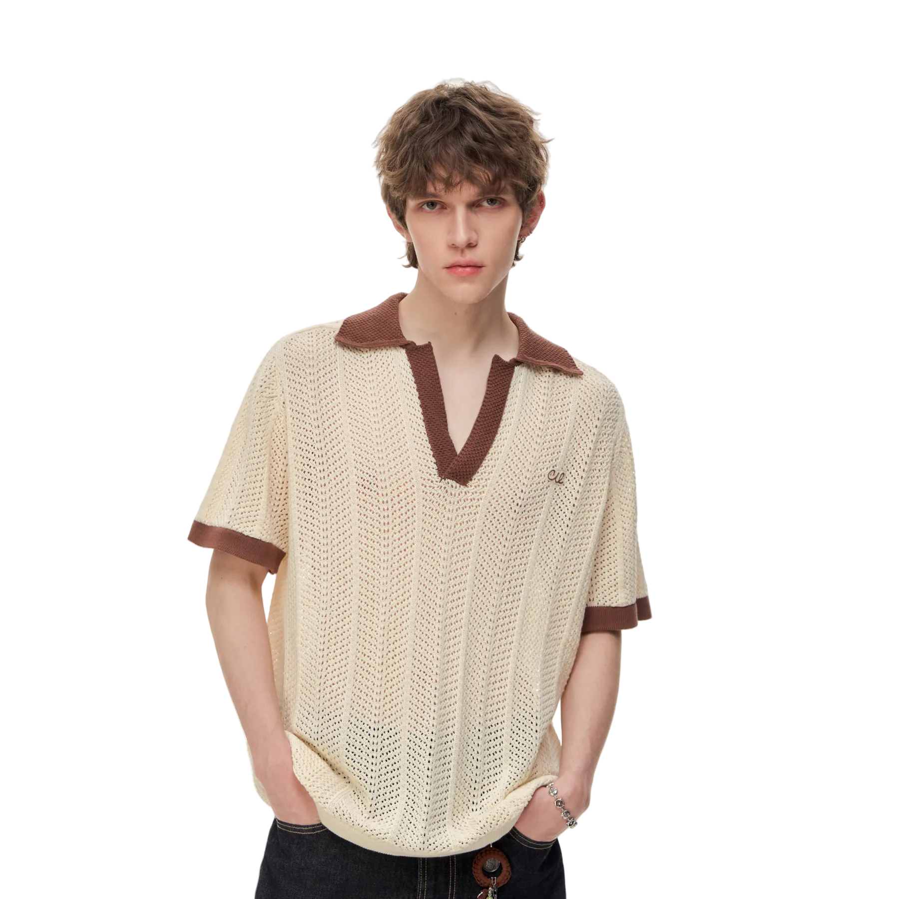 Khaki Color Block Polo Collar Hollow-Out Knit Short-Sleeve