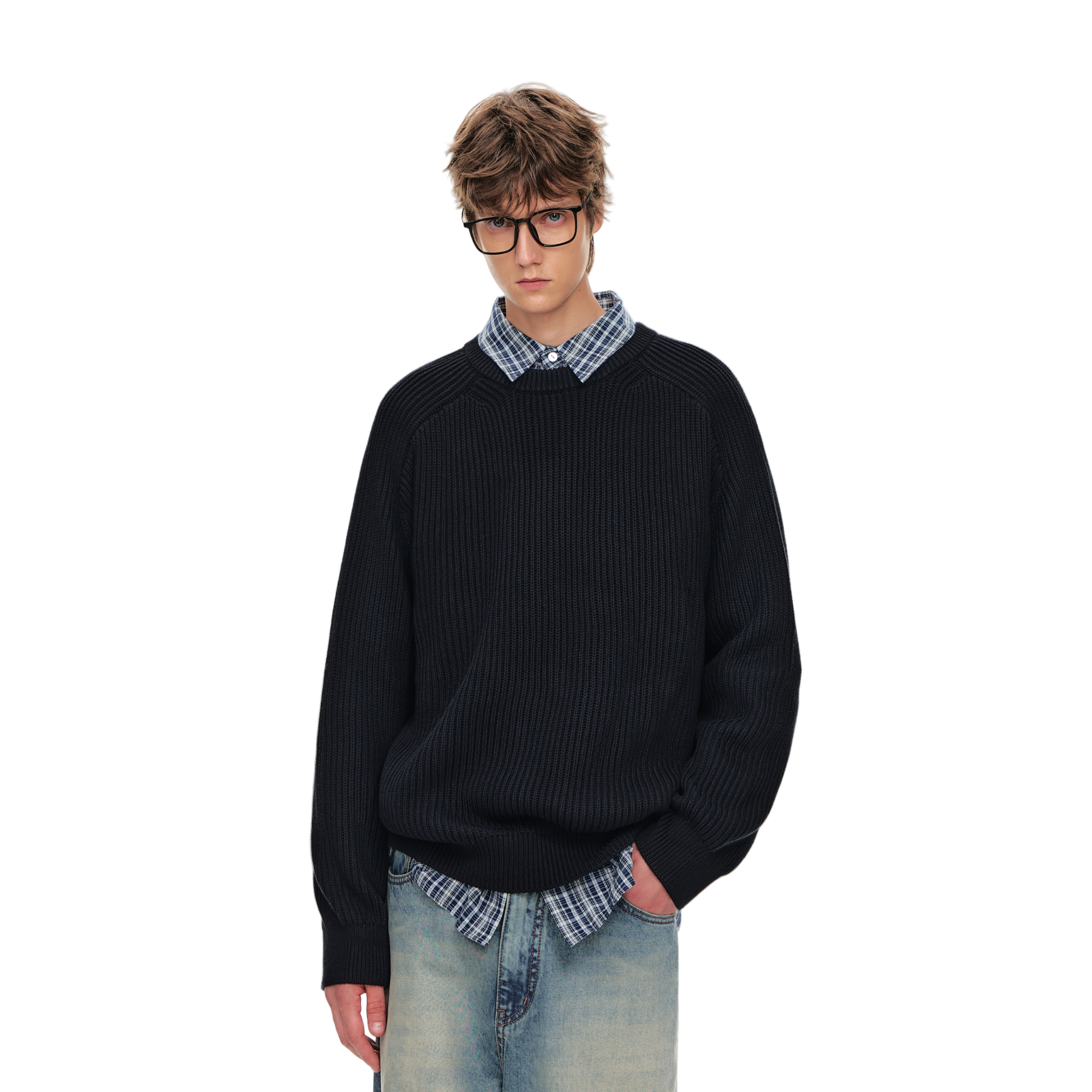 Combed Cotton Ribbed Raglan Sleeve Crew Neck Sweater In Black