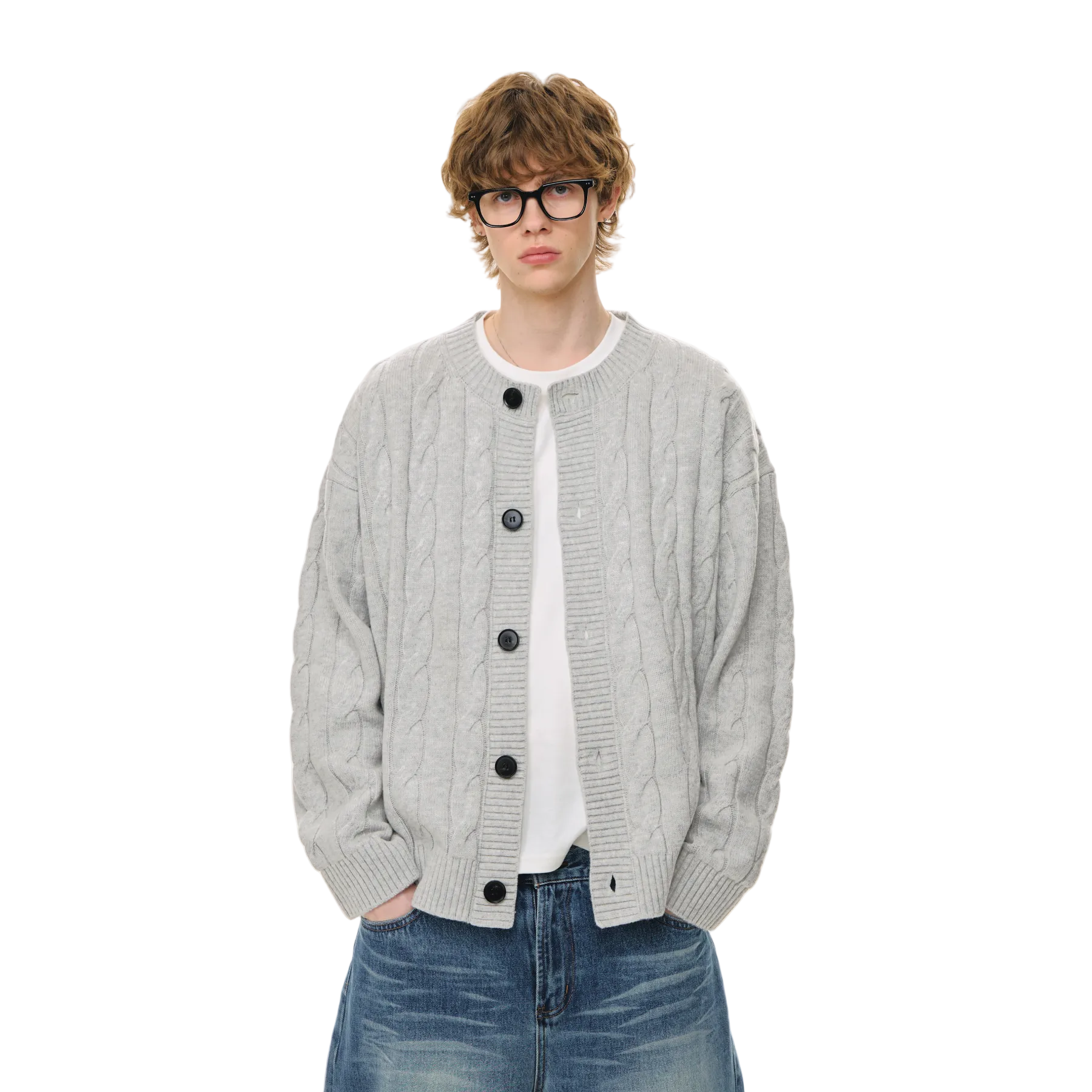 Light Gray Lazy Style Wool Blend Cable Knit Cardigan