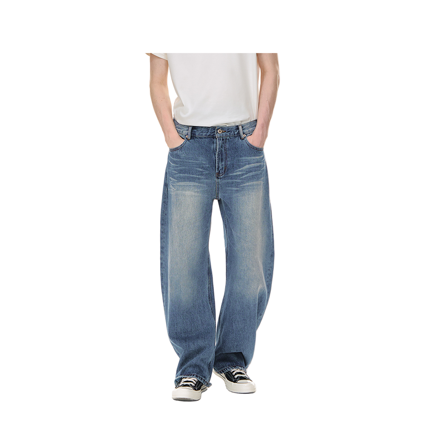 Washed Wide Scimitar Silhouette Low Crotch Jeans In Blue