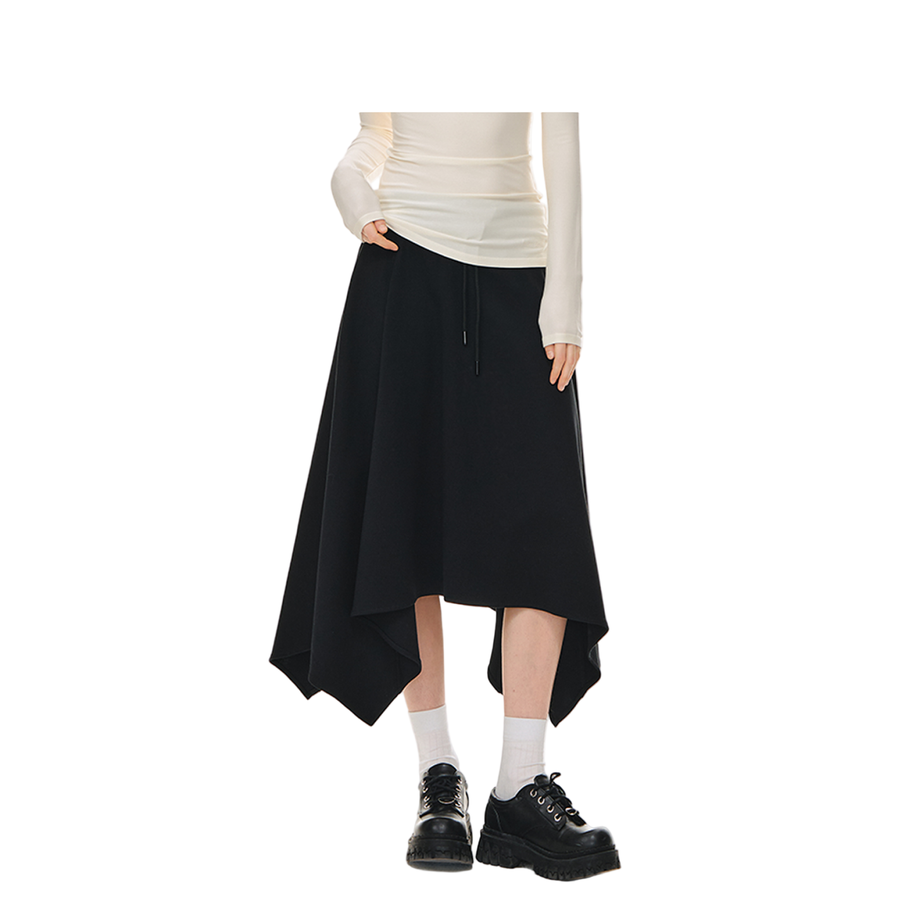 Irregular Cut Elastic Drawstring Pocket Midi Dress In Black