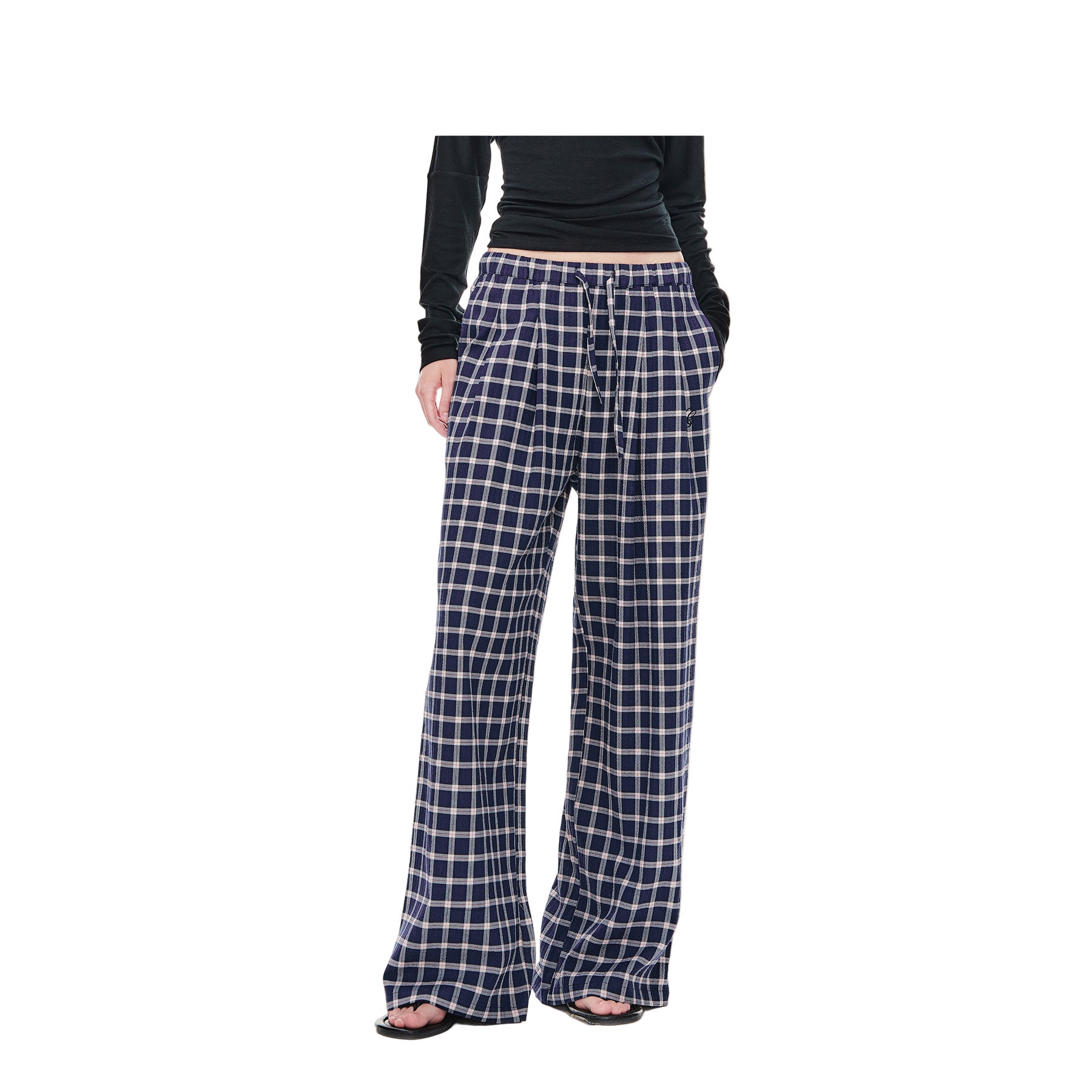 Blue Plaid Casual Bubble Check Double Pleated Embroidered Trousers