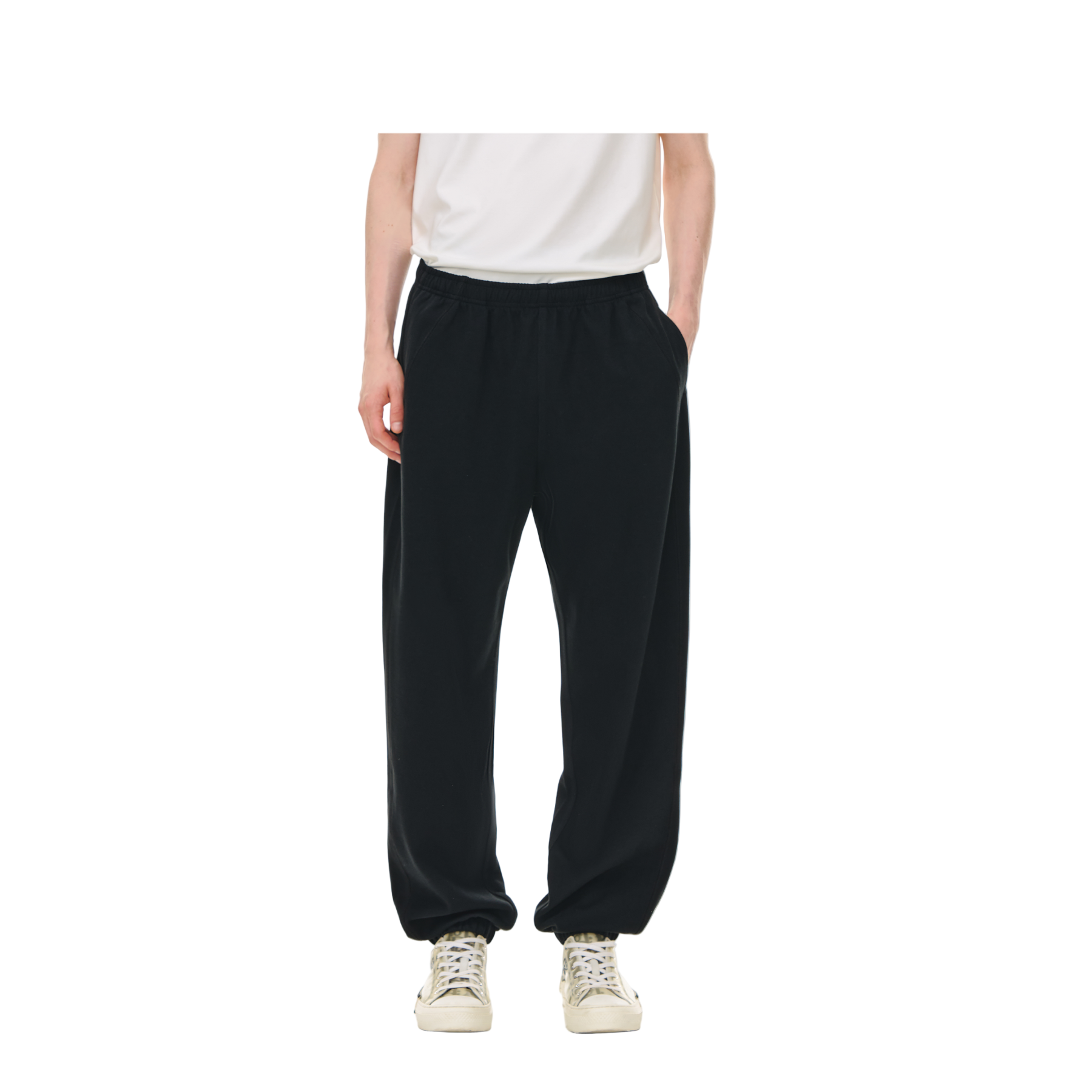 Black Textured Sporty Wide-cut Cuffed Casual Pants