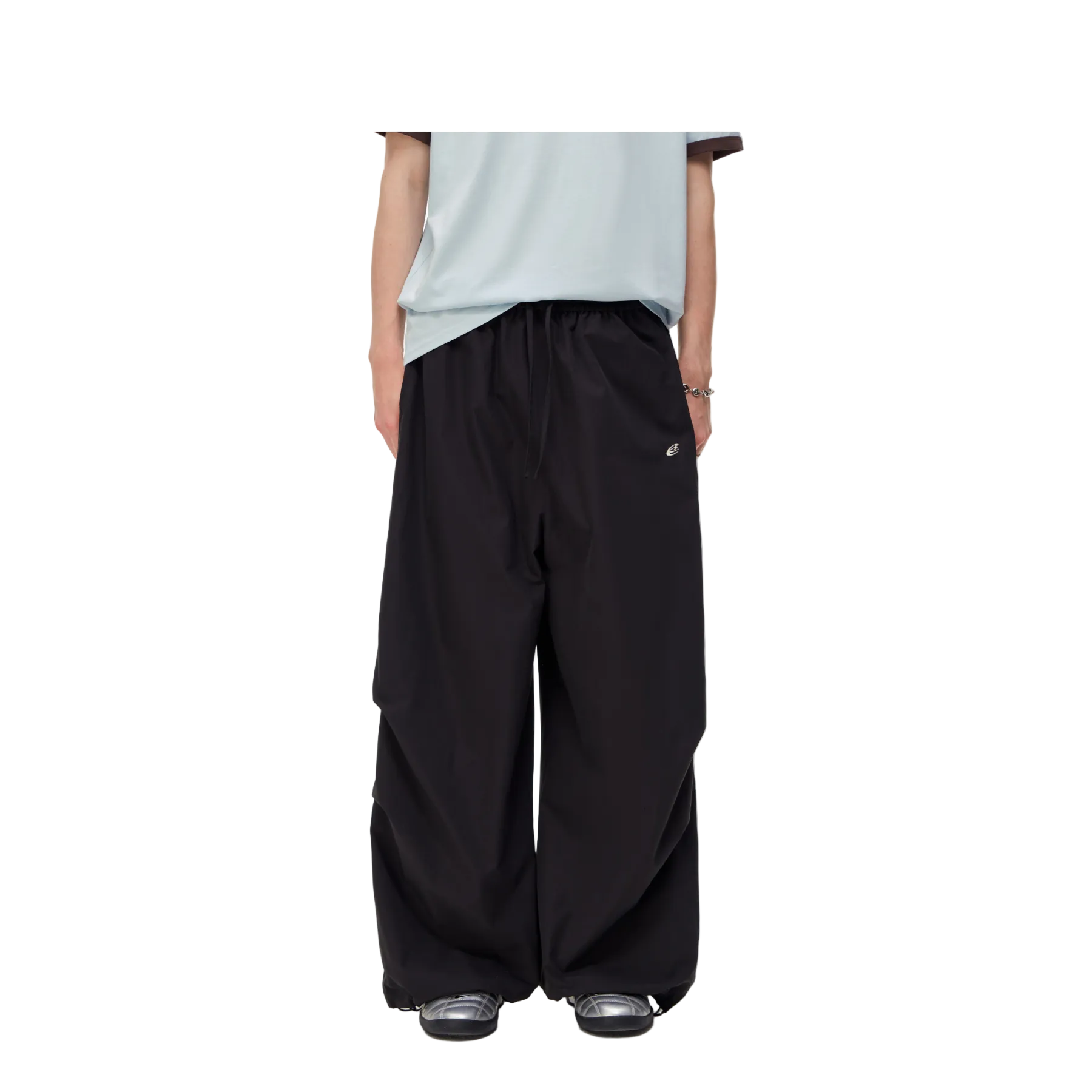Black Lightweight Drawstring Wide-Leg Paratrousers