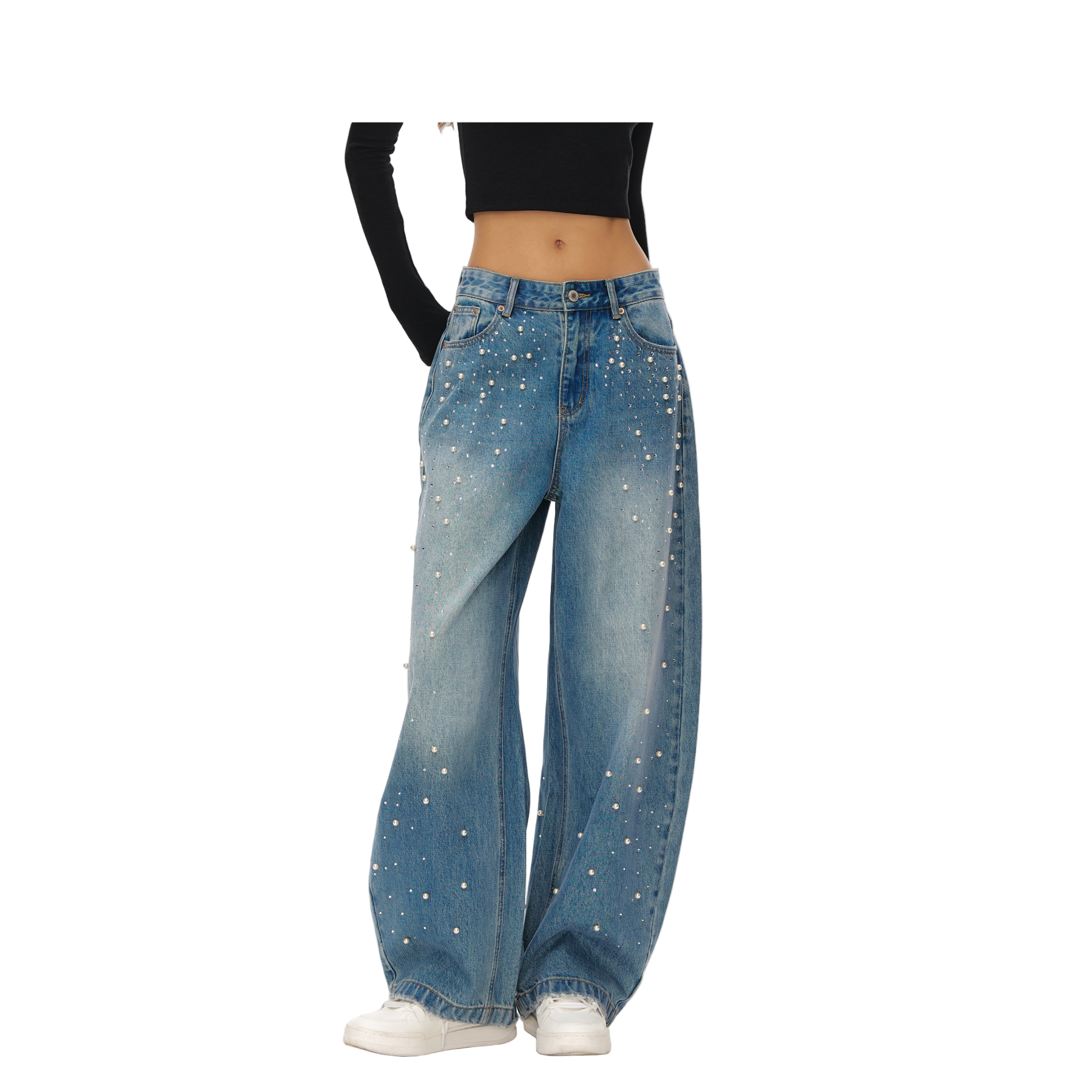 Dark Blue Rhinestone And Pearl Flare Jeans