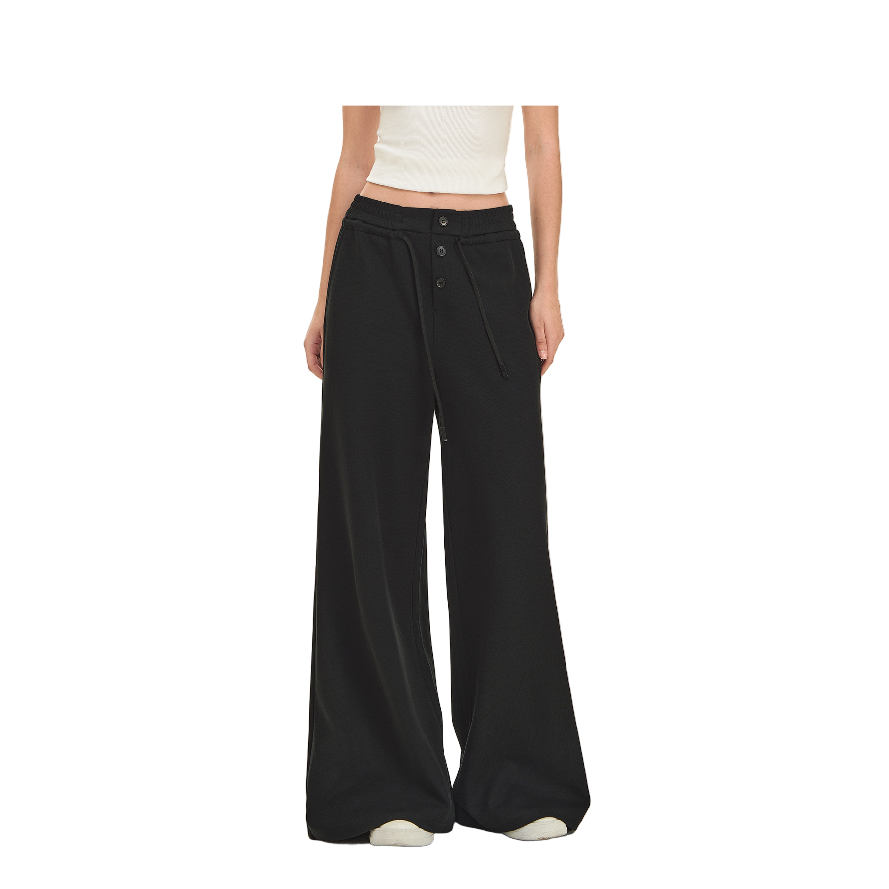 Black Button Elastic Waist Curved Texture Casual Sweatpants