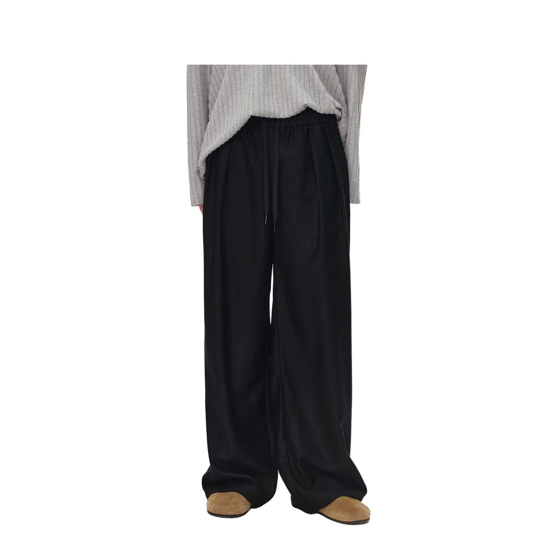 Black Twill Pleated Wide-Size Trousers