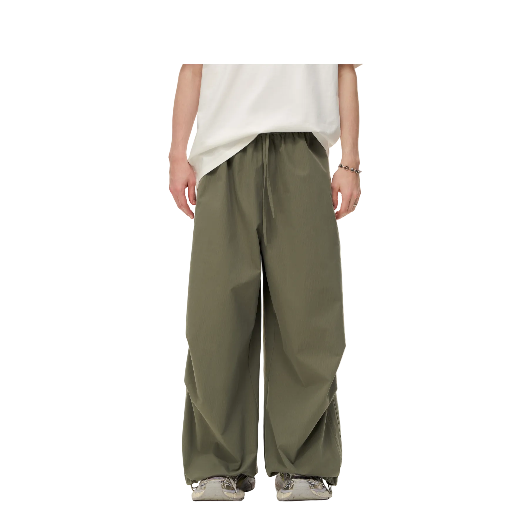 Green Lightweight Drawstring Wide-Leg Paratrooper Pants