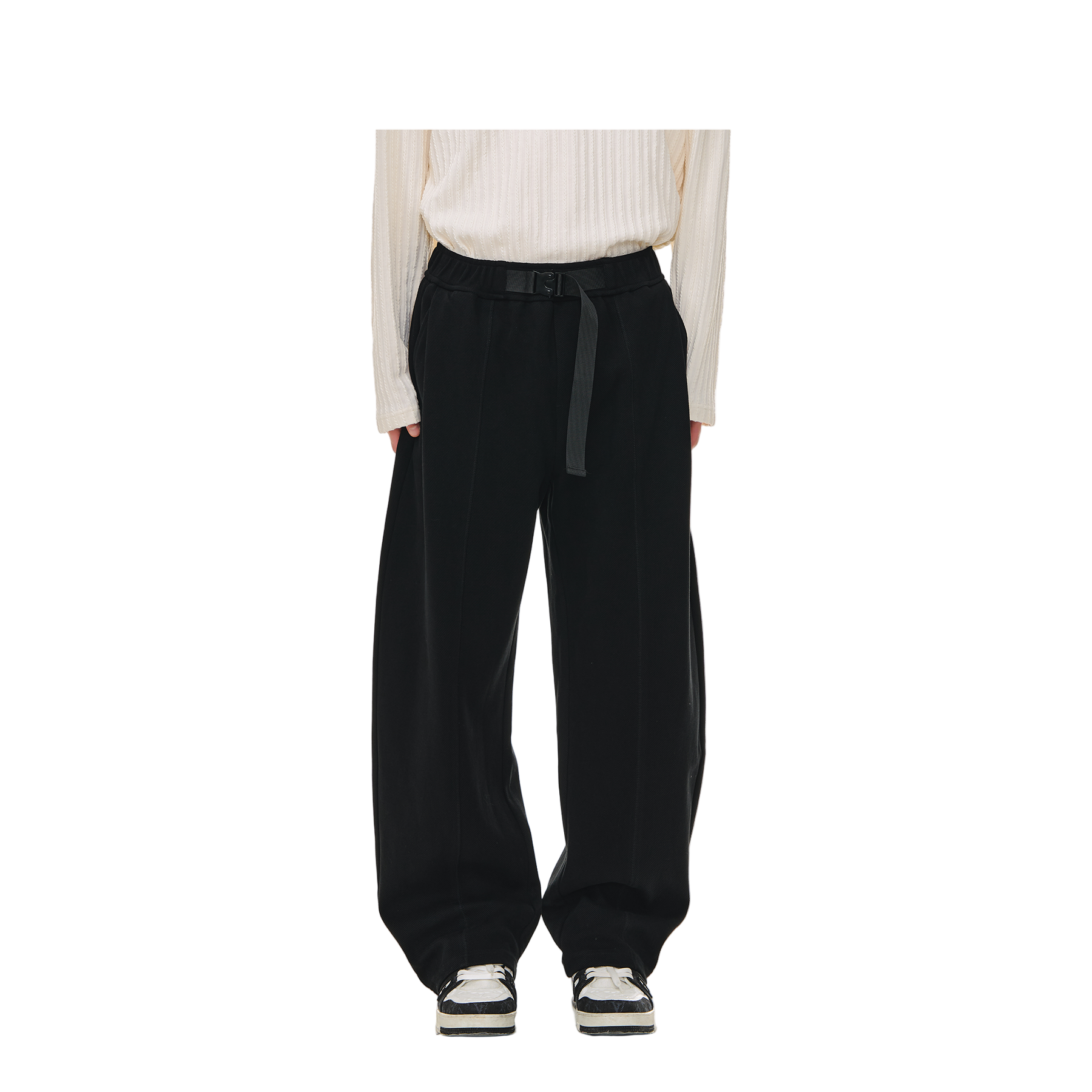 Black Embossed Twill Buckle Casual Tapered Trousers
