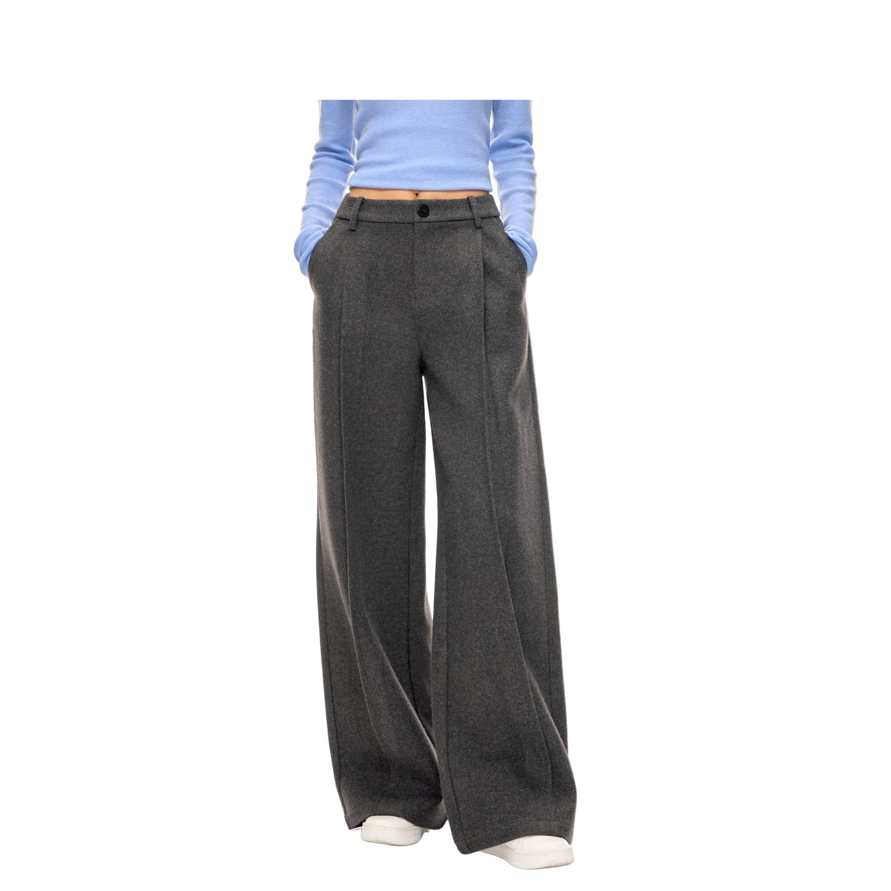 Grey Twill Wool-Style Straight-Leg Casual Pants