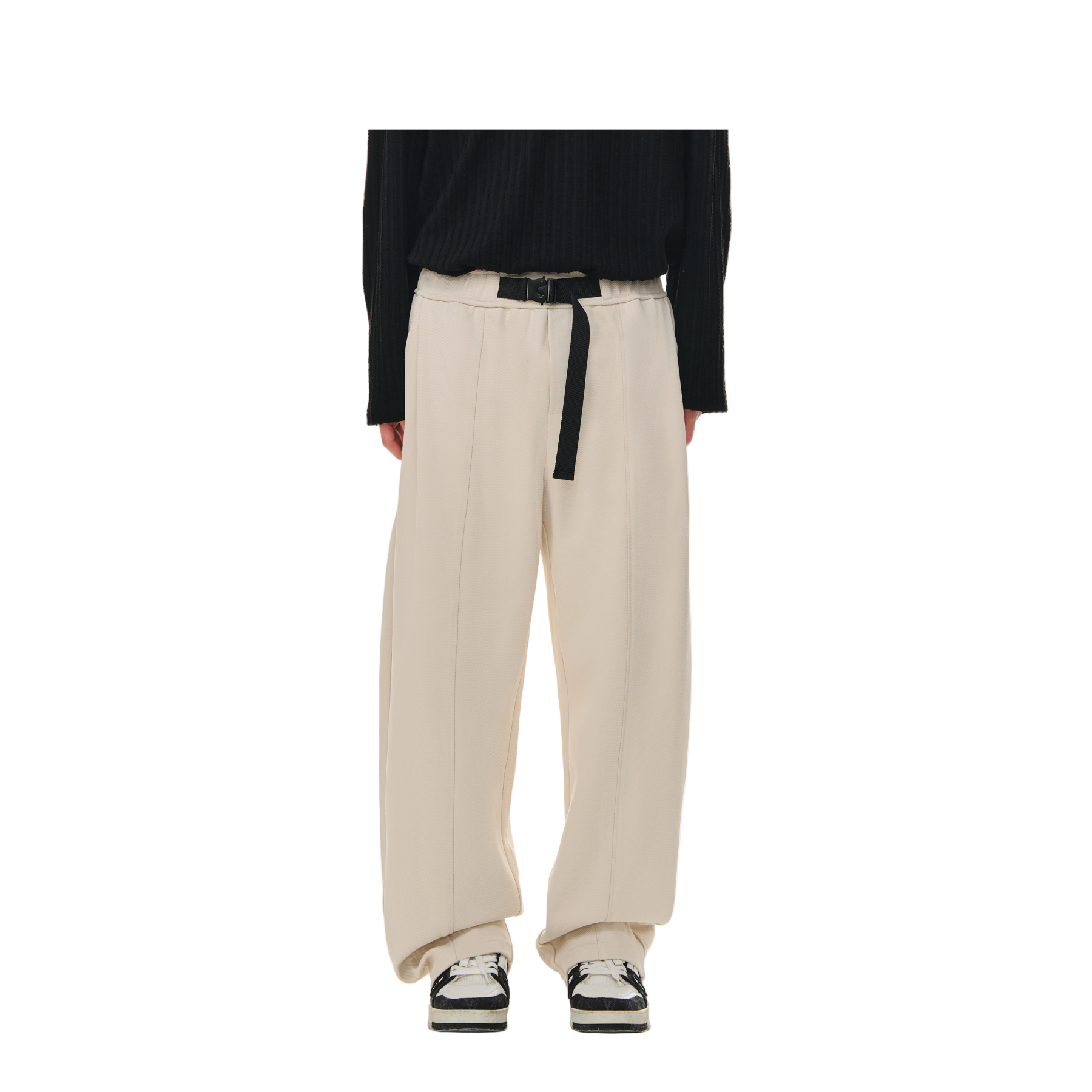 Beige Embossed Twill Buckle Casual Tapered Trousers
