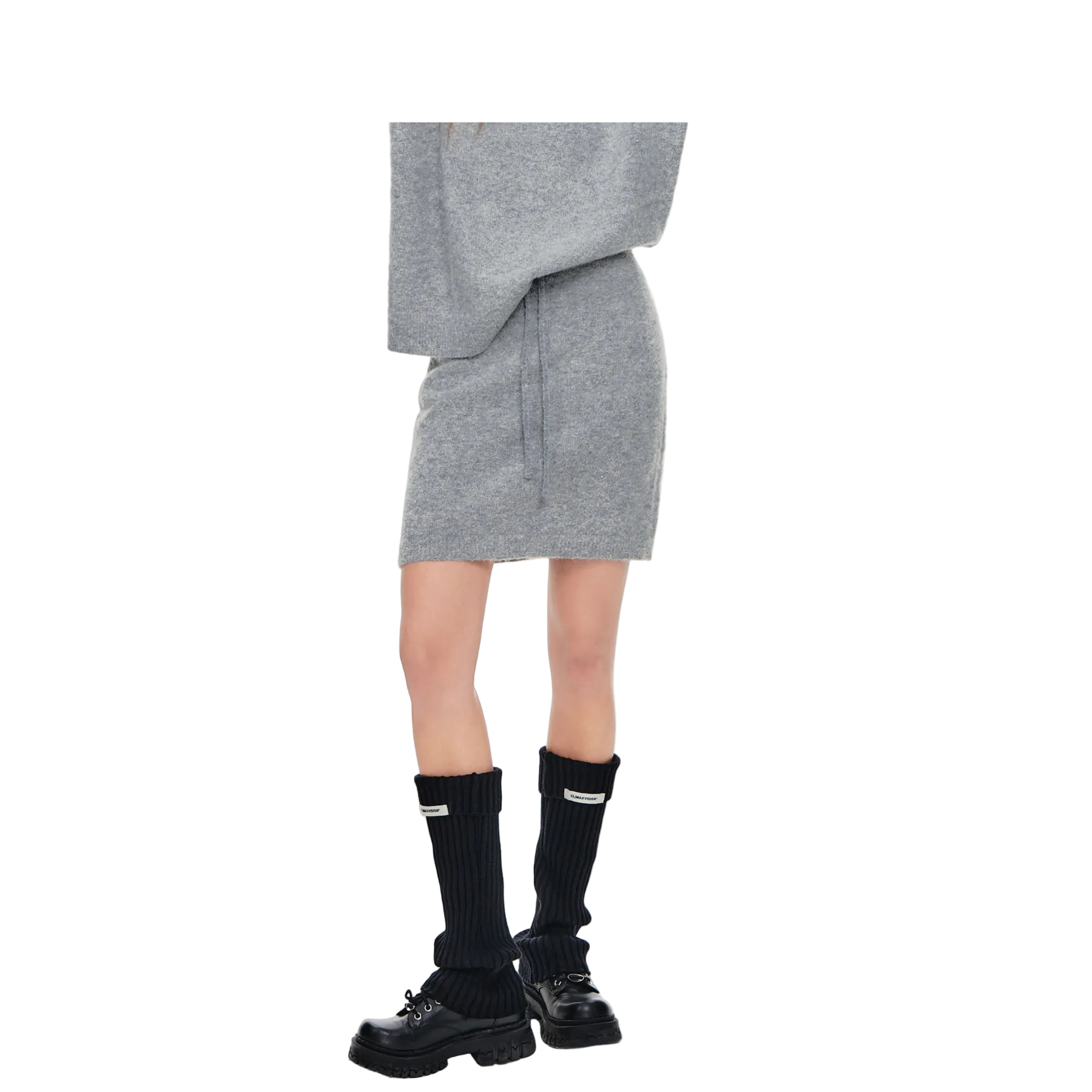 Grey Bouquet Yarn Chunky Knit Drawstring Midi Skirt