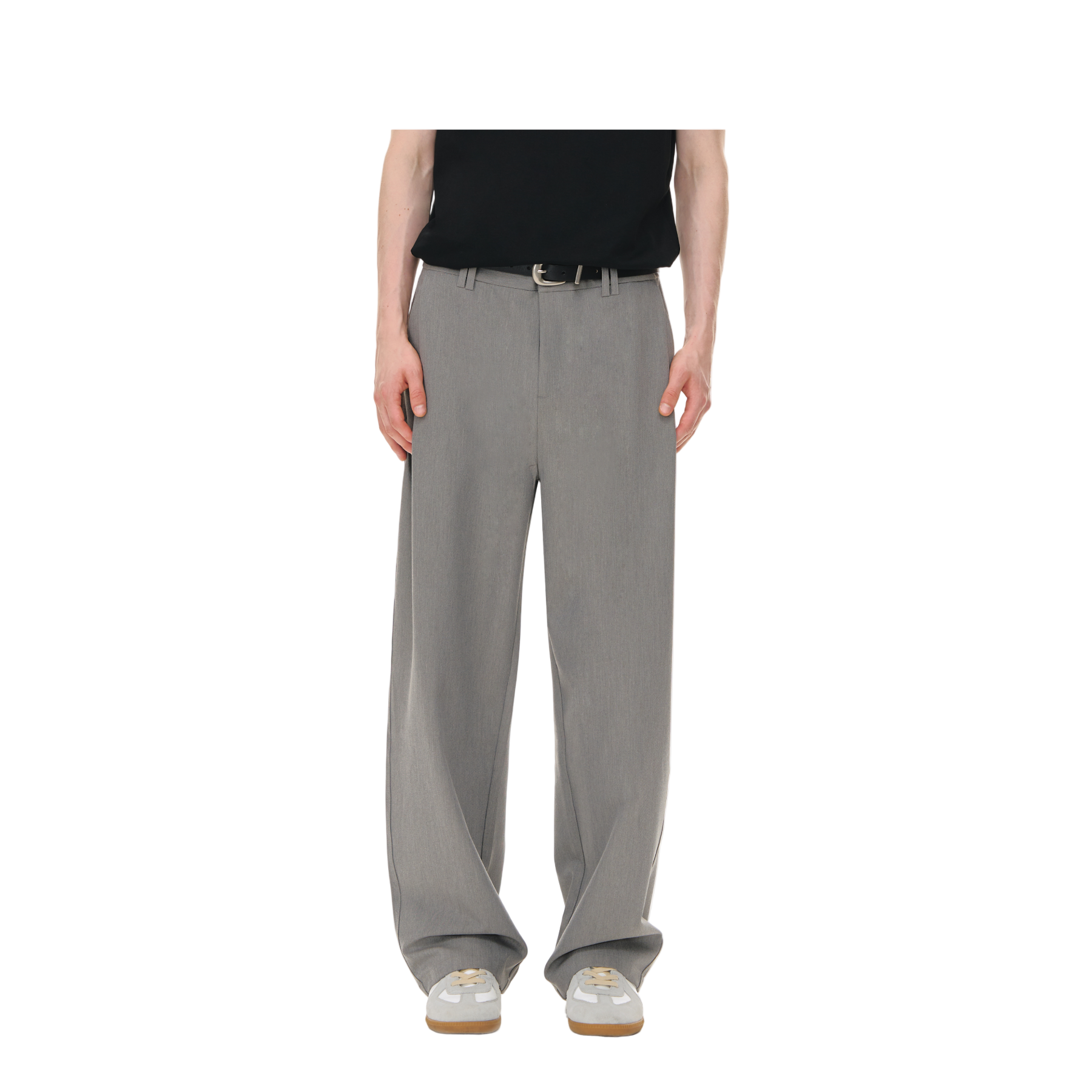Gray 3D Pleated Twill Casual Straight Trousers