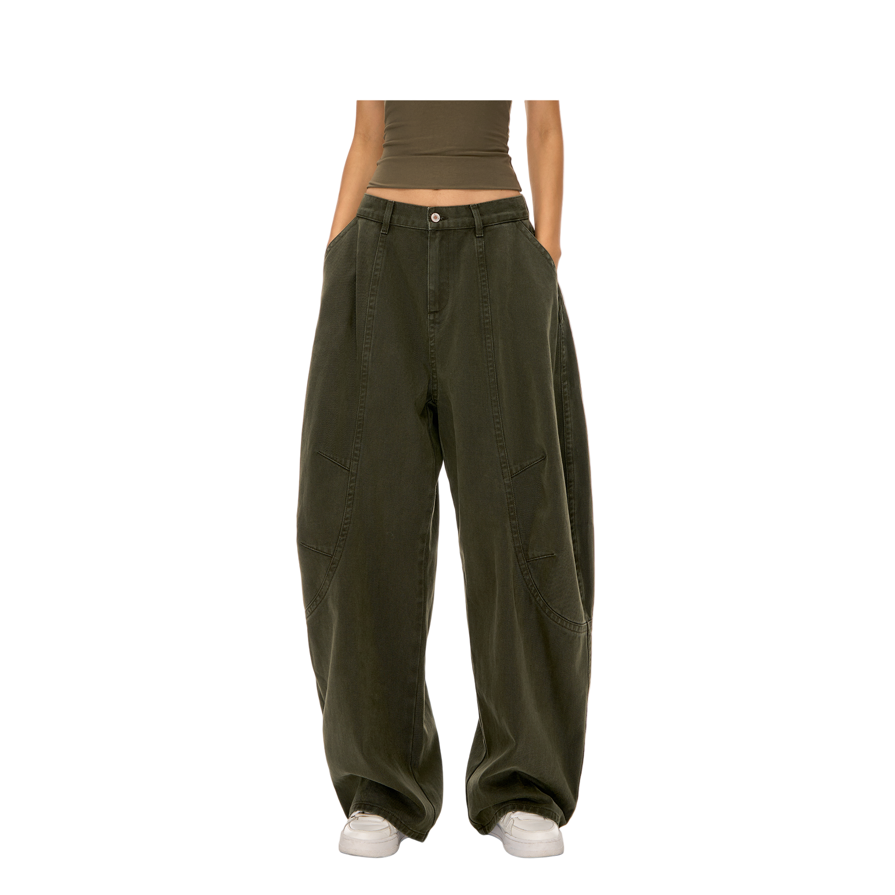 Gray-Green Segmented Curved Silhouette Pants