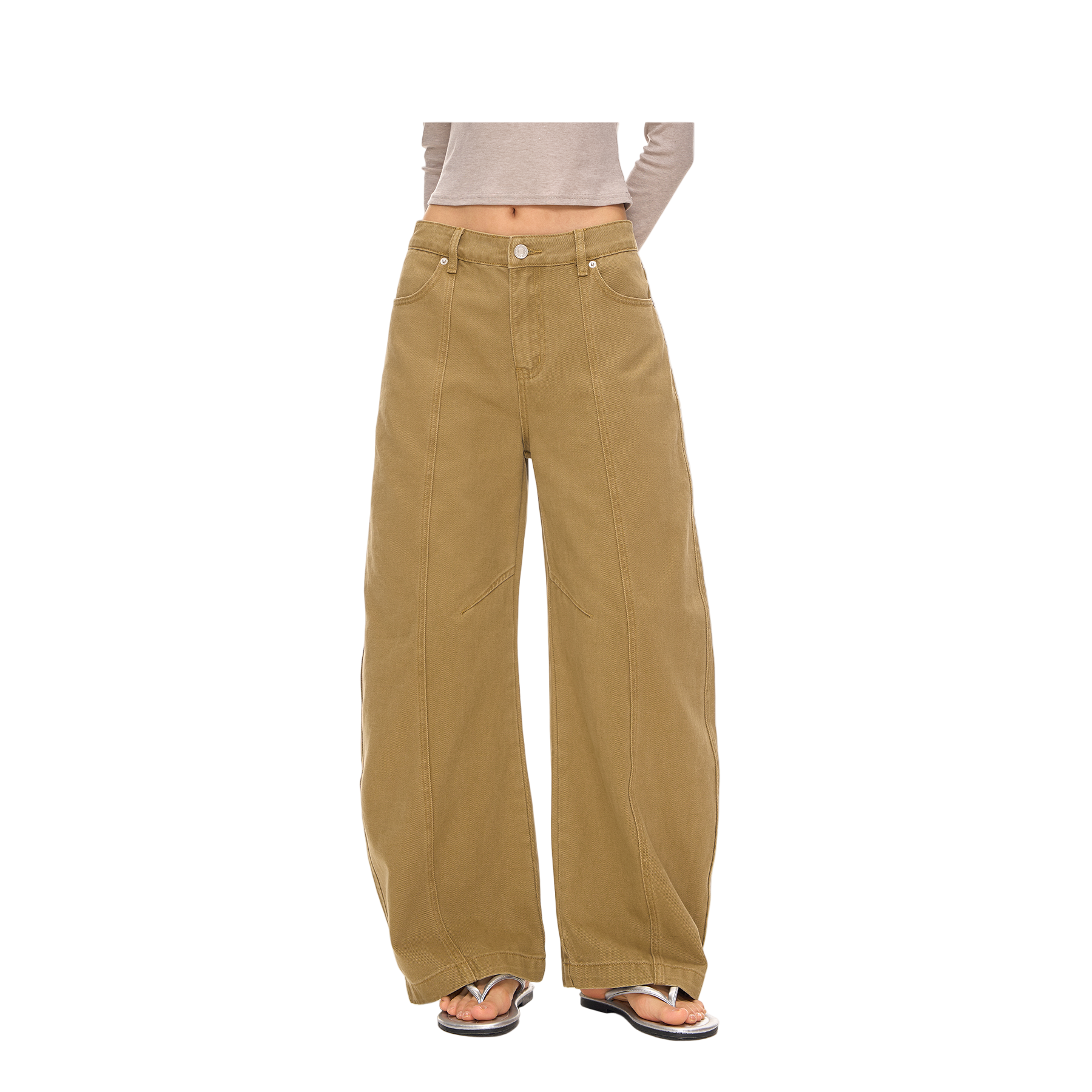 Khaki Retro 3D Cut Deconstructed Curved Blade Jeans