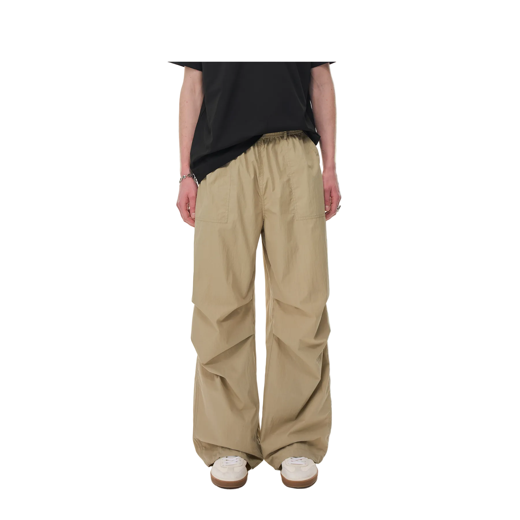 Khaki Pleated Straight-Leg Paratrooper Pants