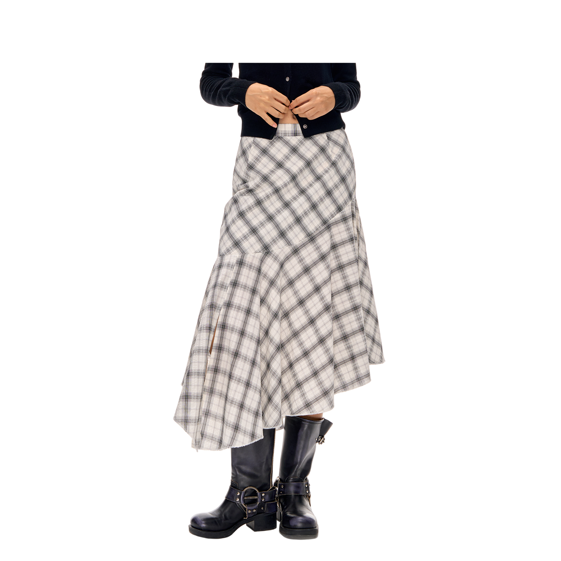 Black and White Bubble Check A-line Irregular Midi Skirt