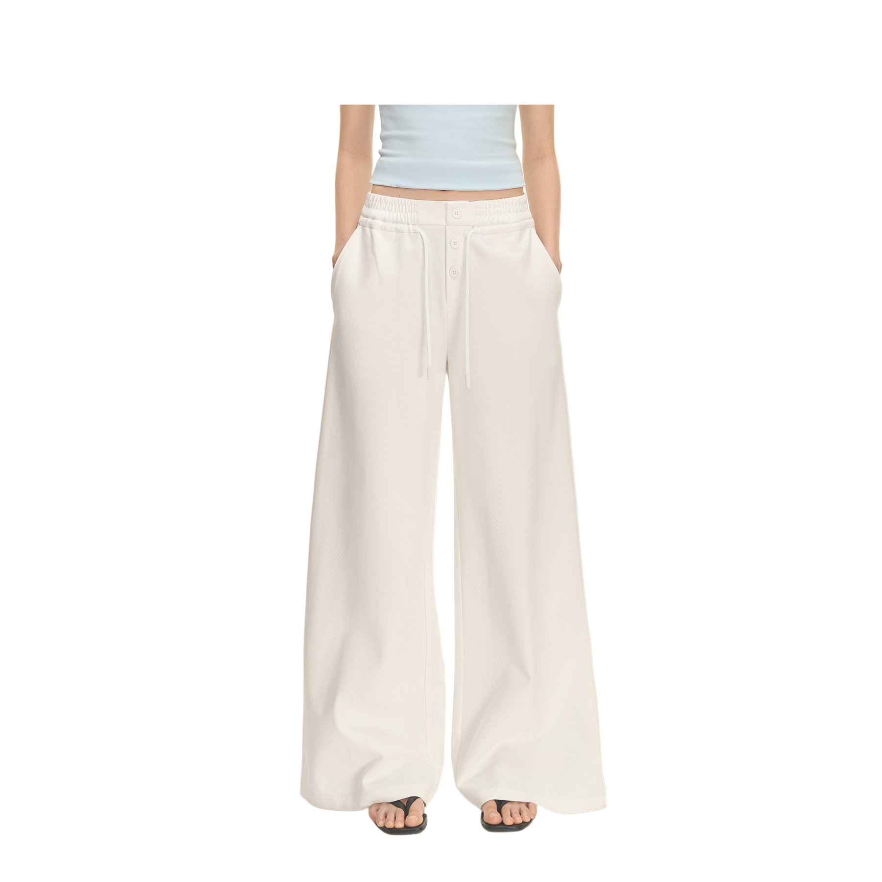 White Button Elastic Waist Curved Texture Casual Sweatpants