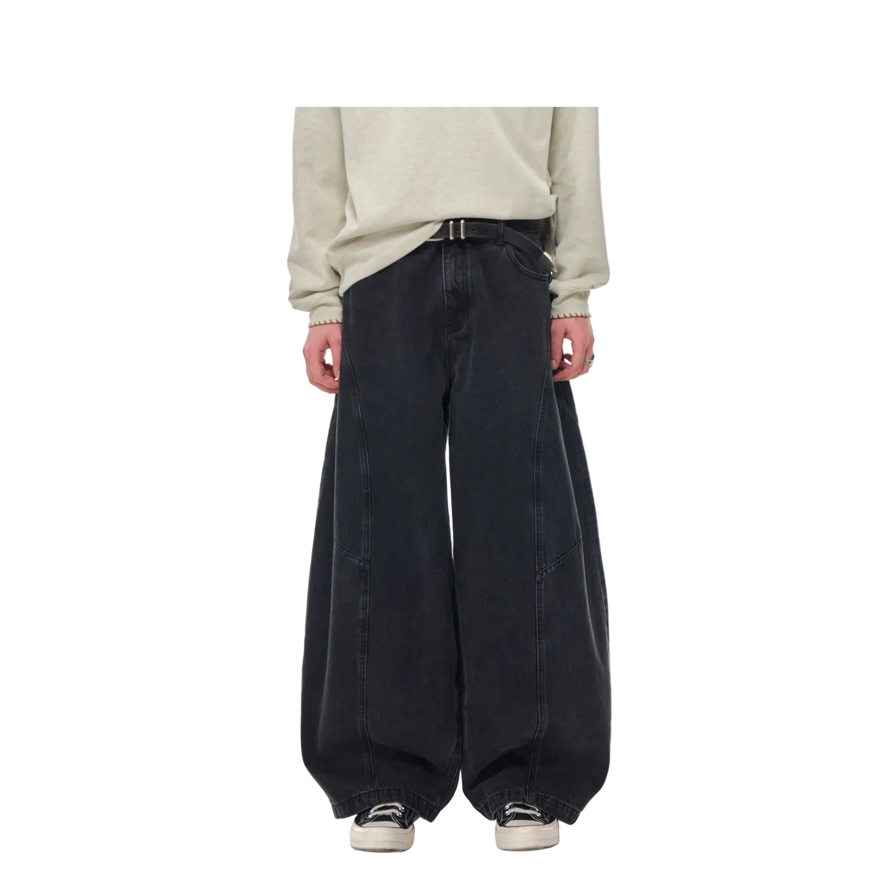 Black 3D Cut Wide-Leg Curved Jeans