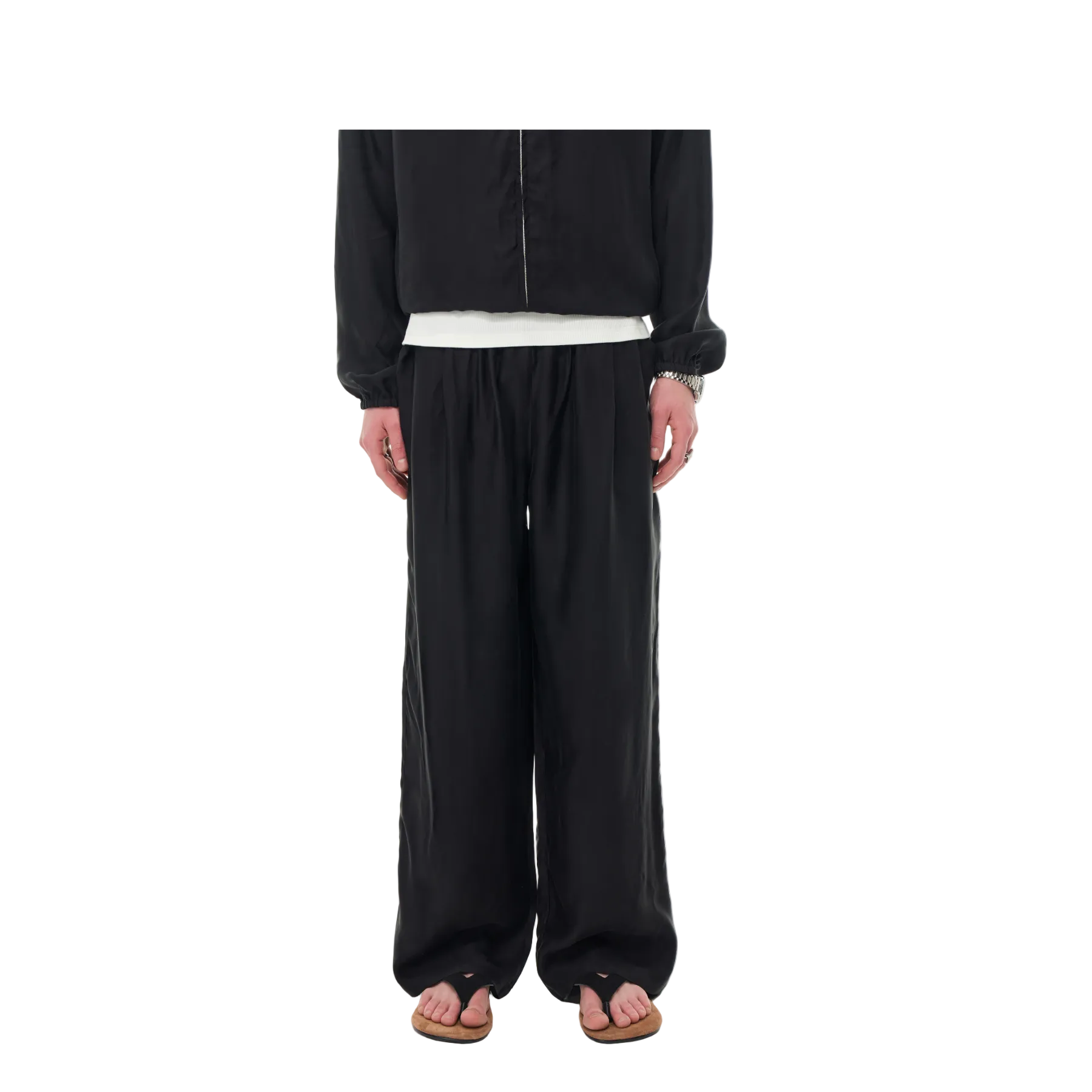 Black Matte Cupro Silk Slim Straight Leg Trousers