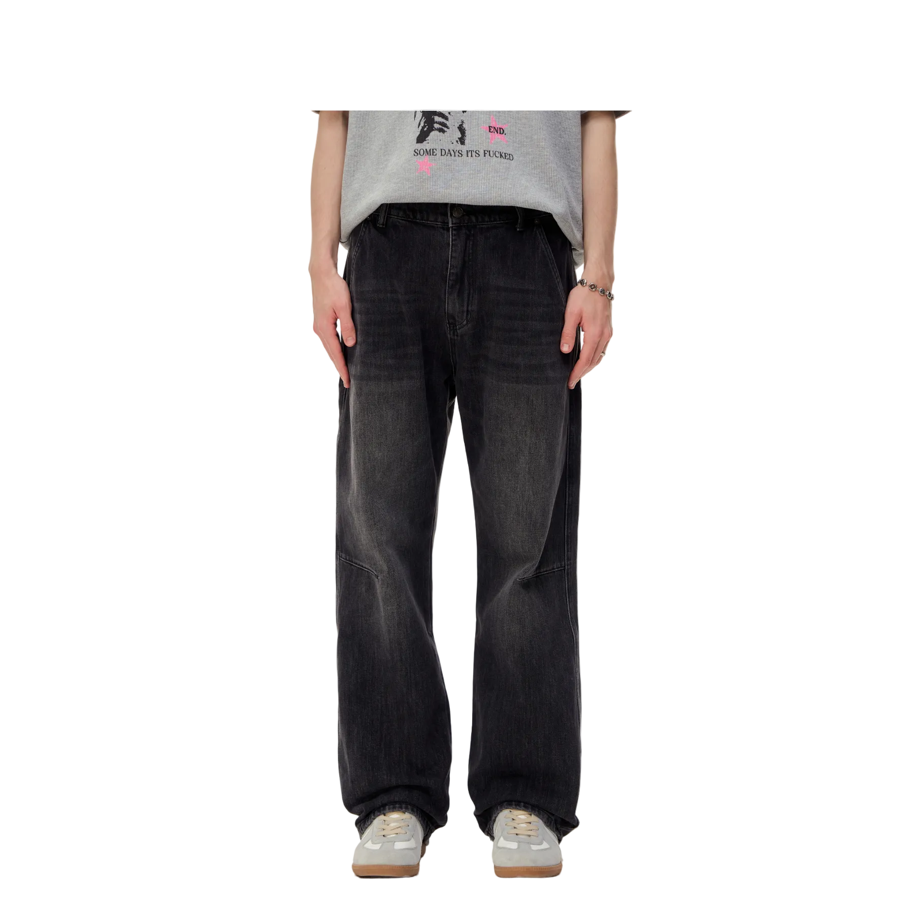 Washed Black Distressed Straight Leg Jeans