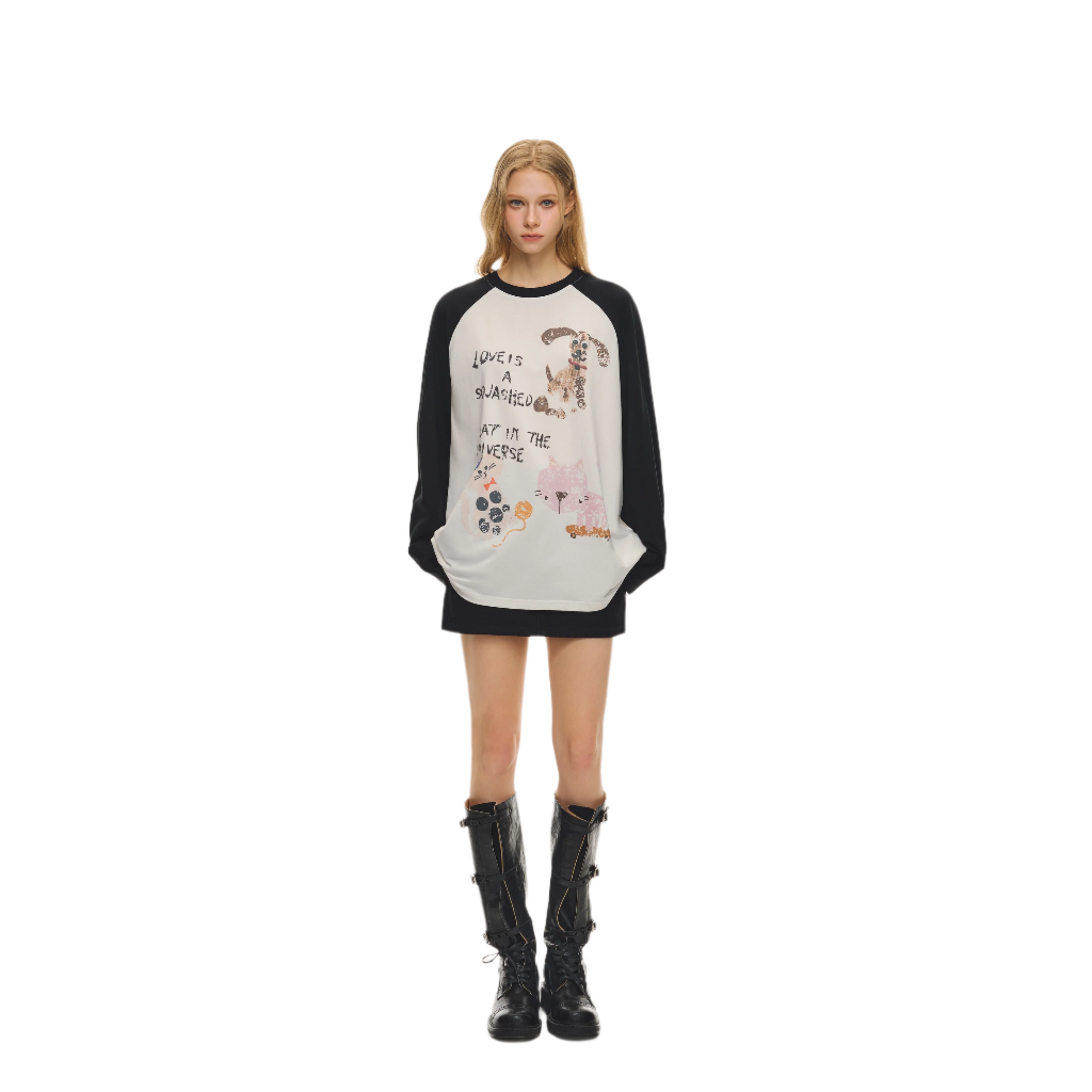 Black Fun Print Contrast Raglan Long Sleeves