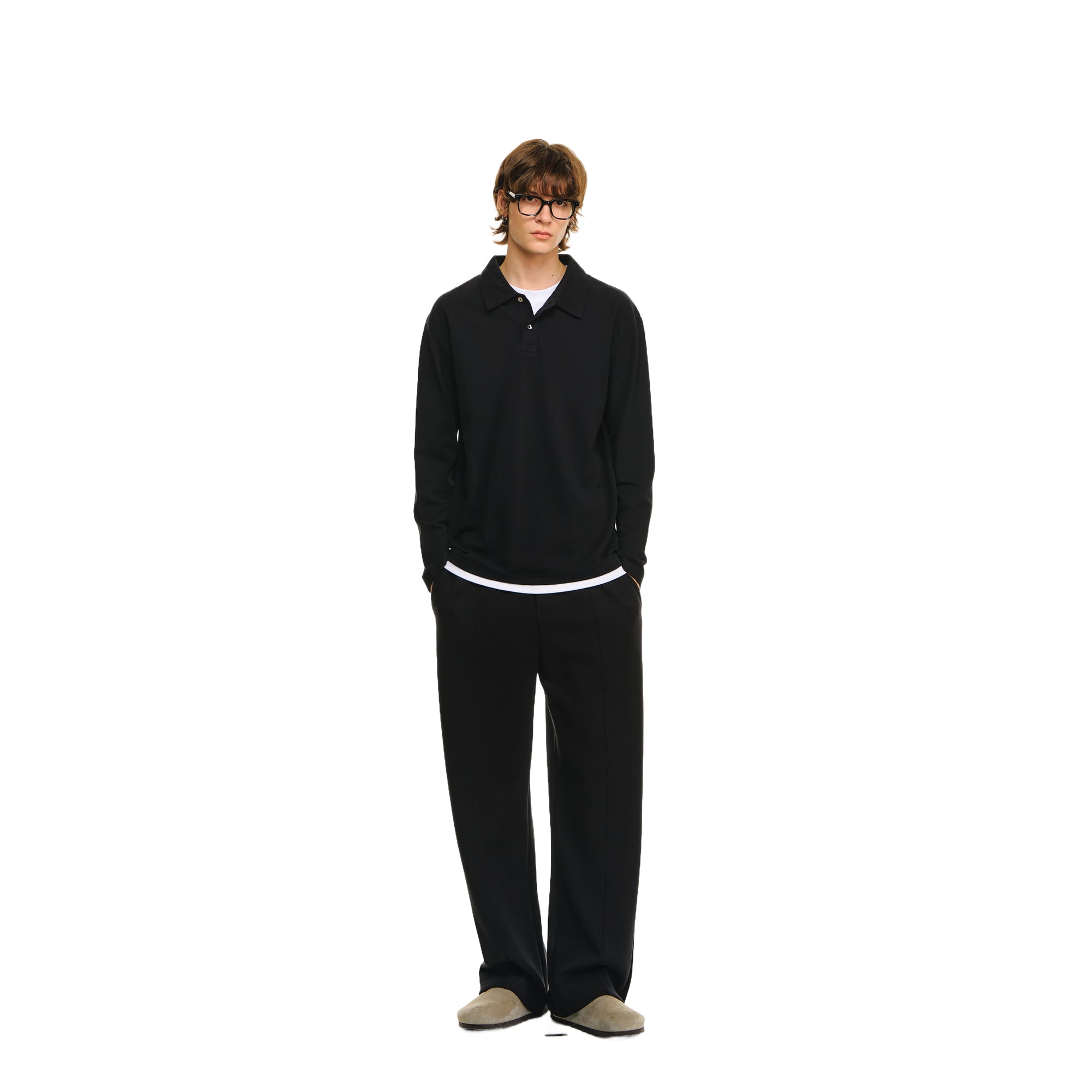 Black Contrast Color Fake Two-piece Fitted Polo Shirt Long Sleeves