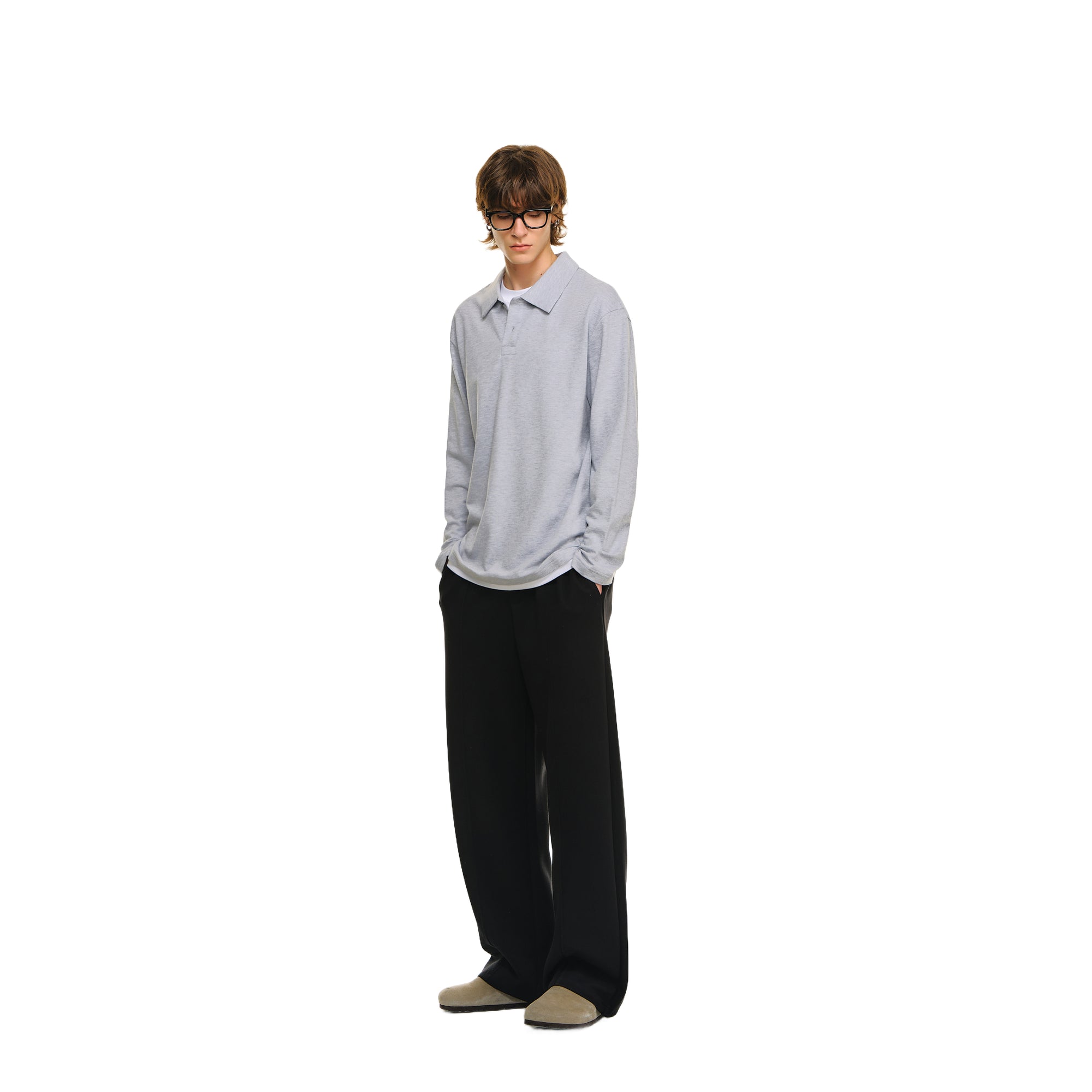 Gray Contrast Color Fake Two-piece Fitted Polo Shirt Long Sleeves