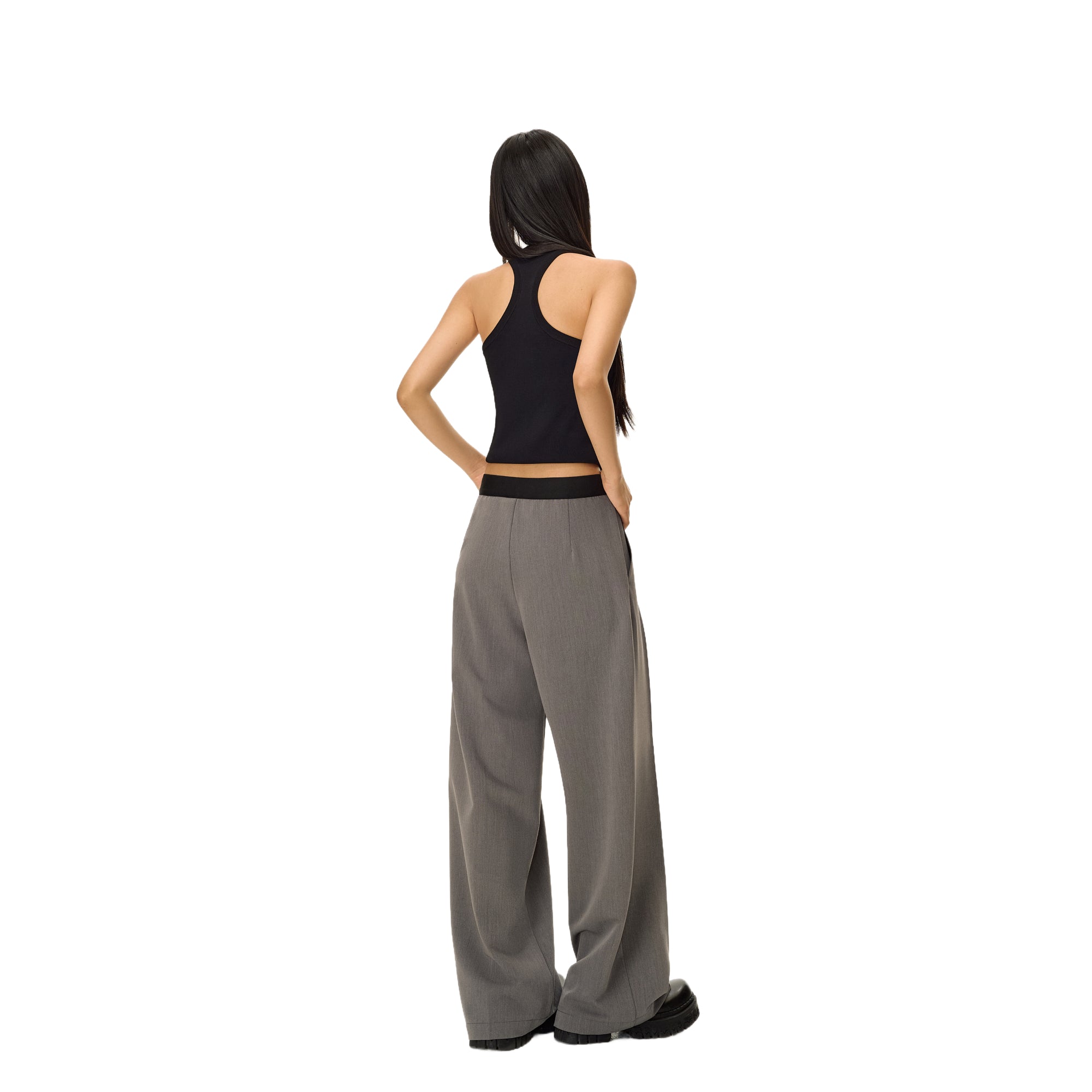 Grey Rhinestone Elastic Waist Slim Wool Trousers