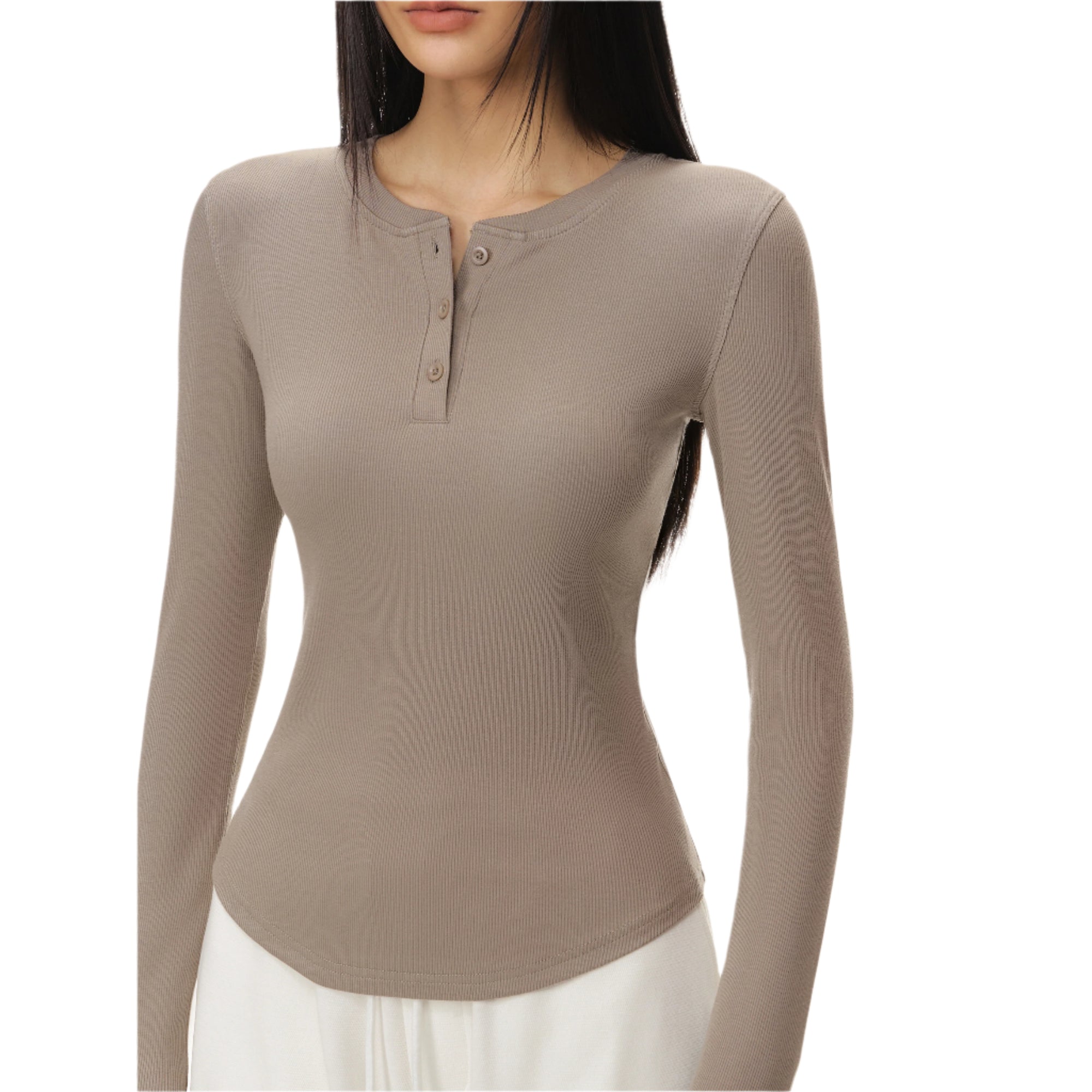 Khaki Stretch Slim Cut Henley Collar Long Sleeves