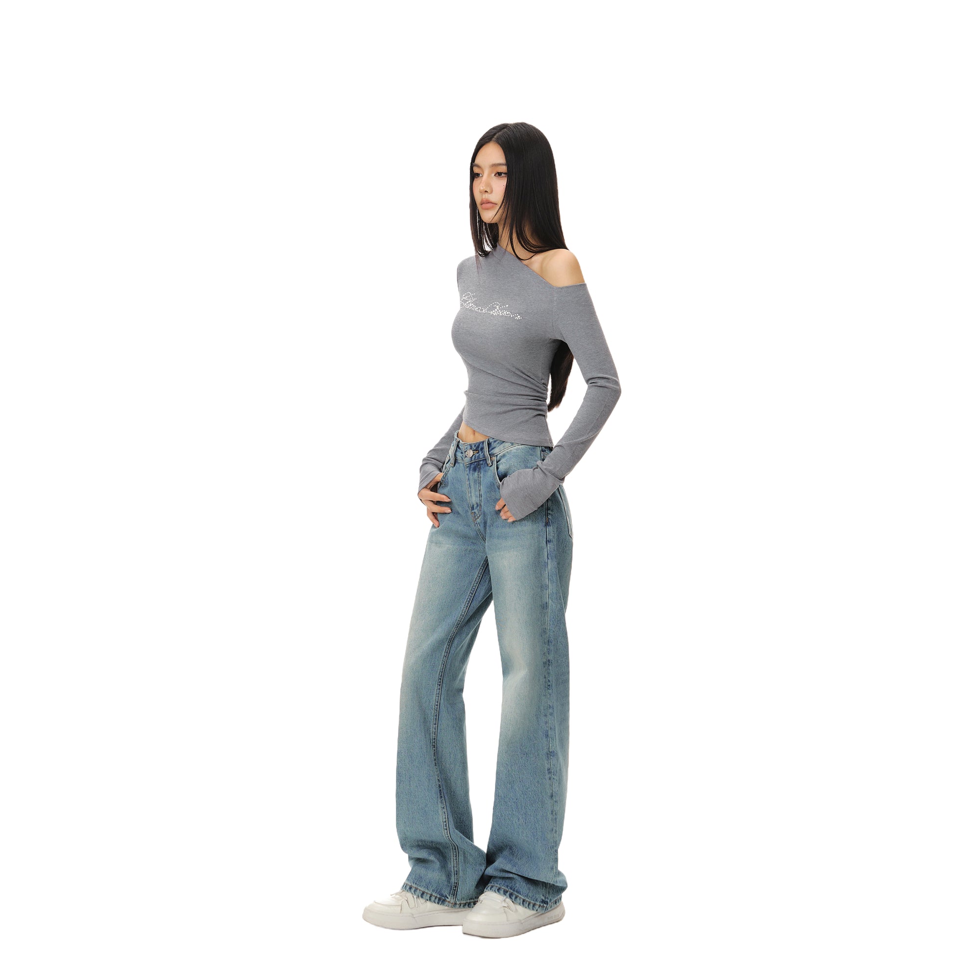 Gray Off-shoulder Irregular Pearl Slim Long Sleeves