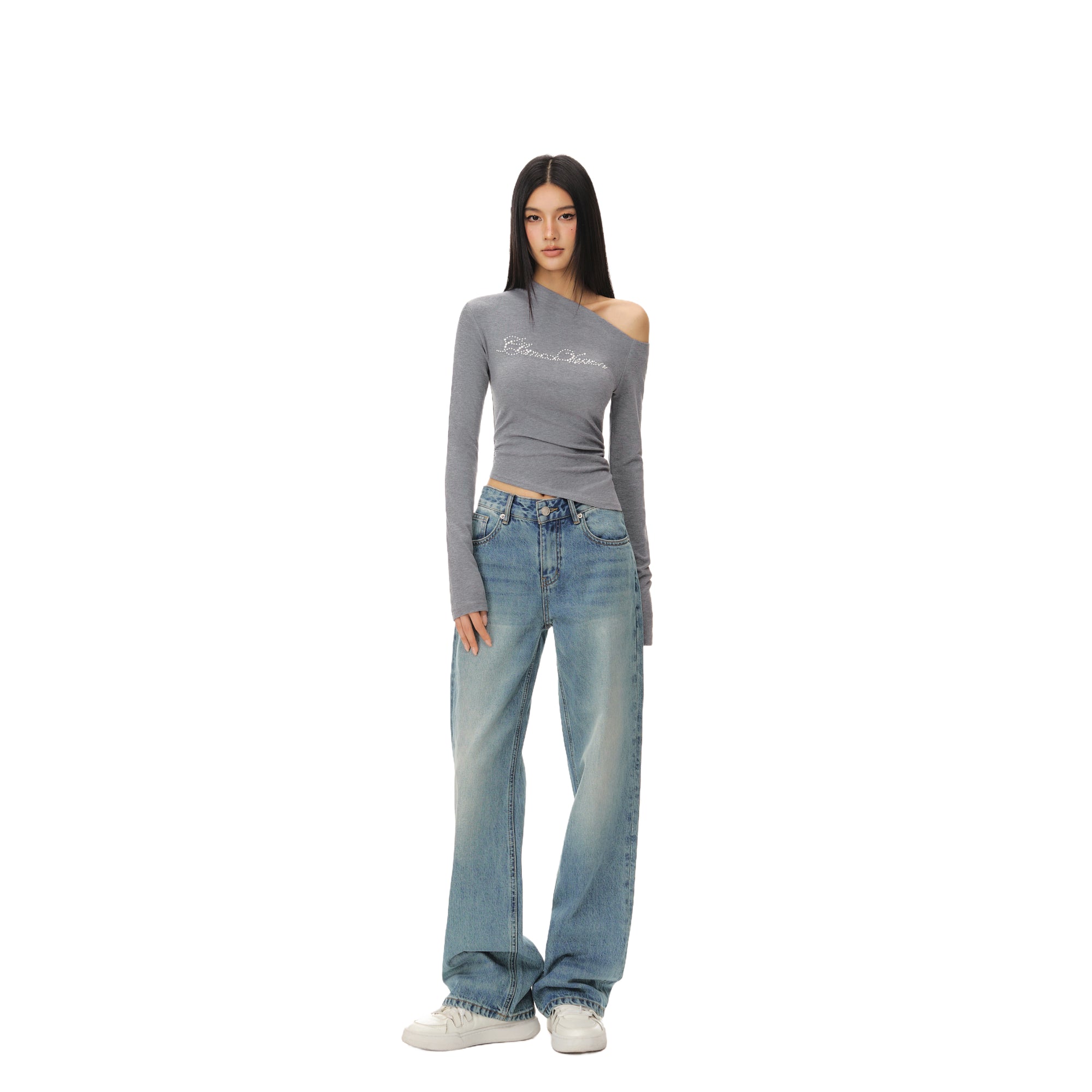 Gray Off-shoulder Irregular Pearl Slim Long Sleeves