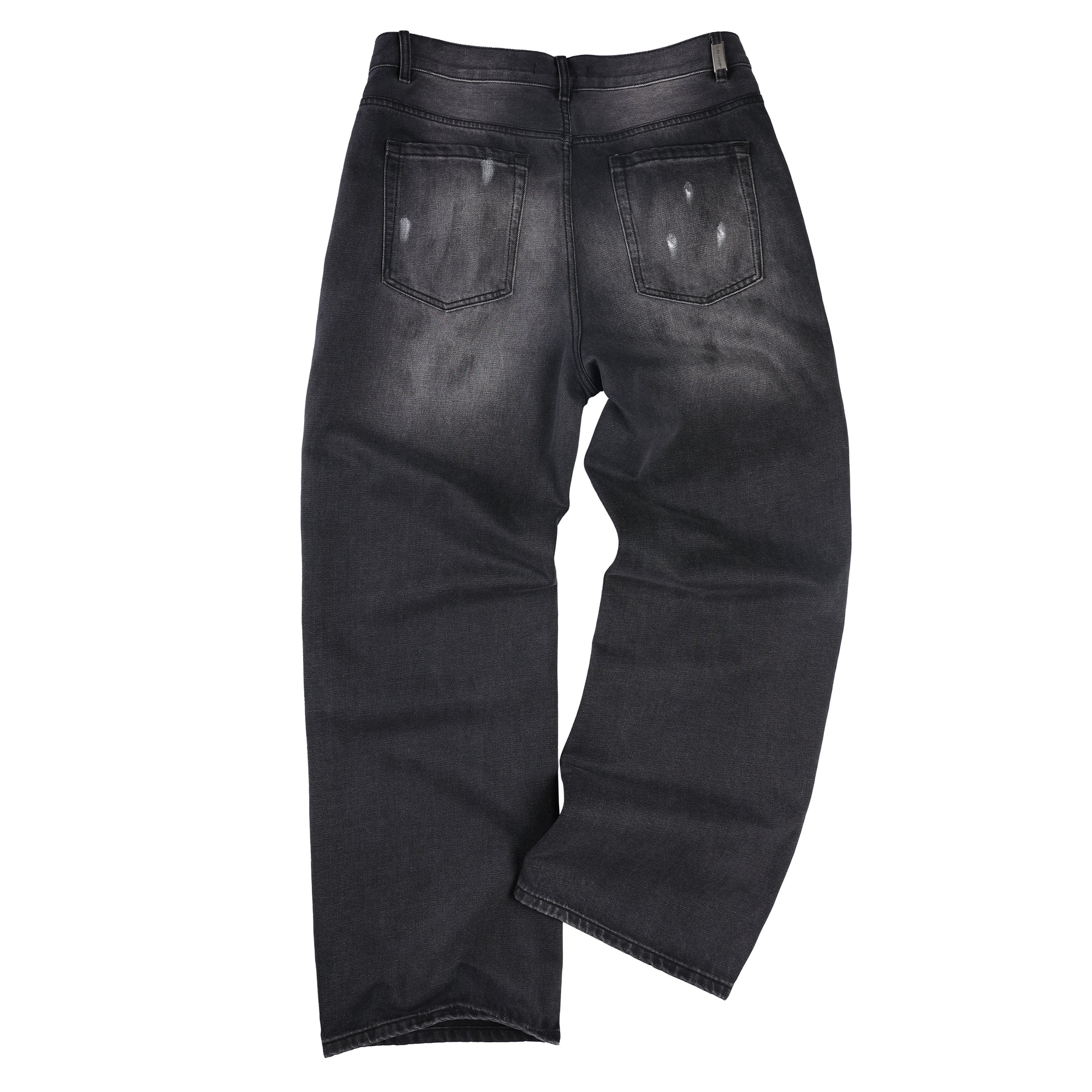 Black Washed Distressed Ink-splashed Straight-leg Denim Trousers