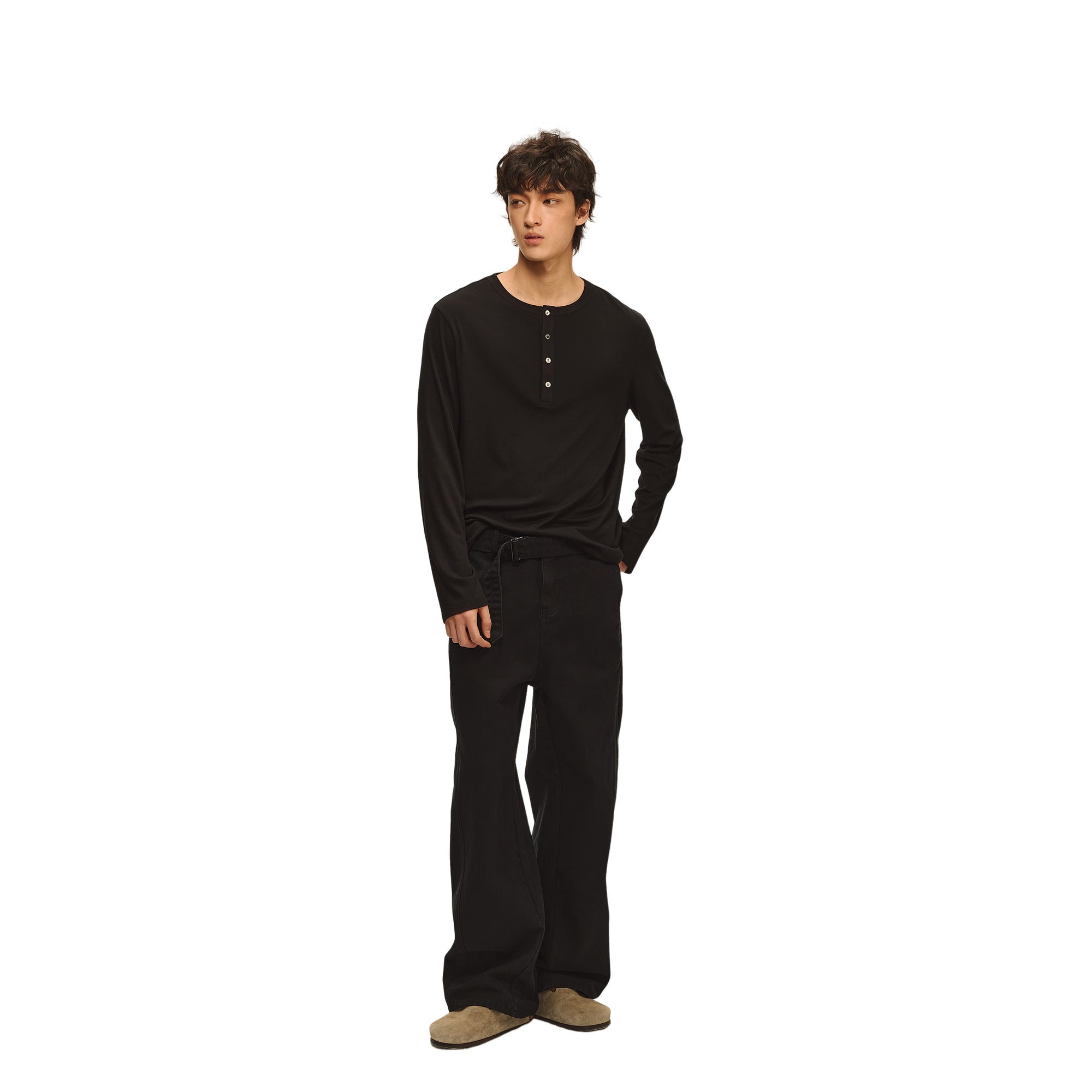 Black Cropped Henley Button Collar Wool Long Sleeves