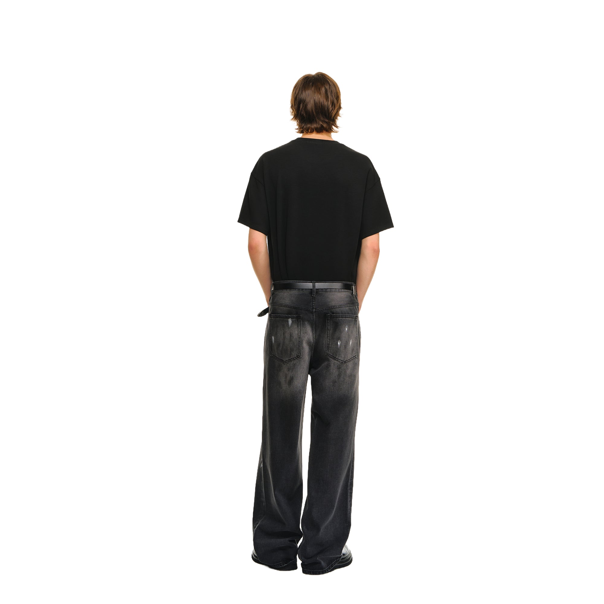 Black Washed Distressed Ink-splashed Straight-leg Denim Trousers