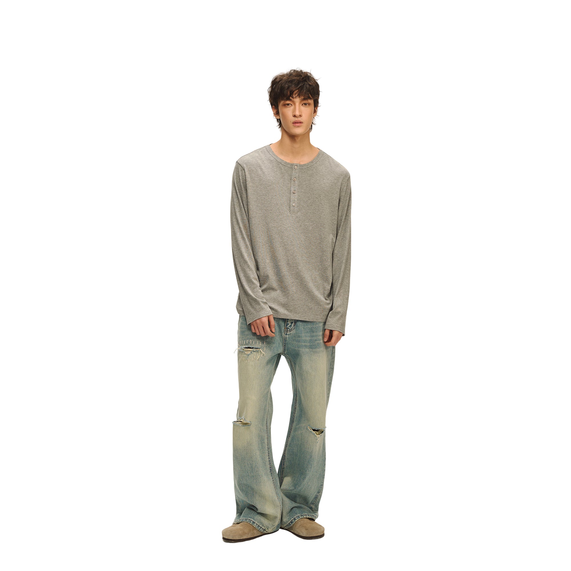 Grey Cropped Henley Button Collar Wool Long Sleeves
