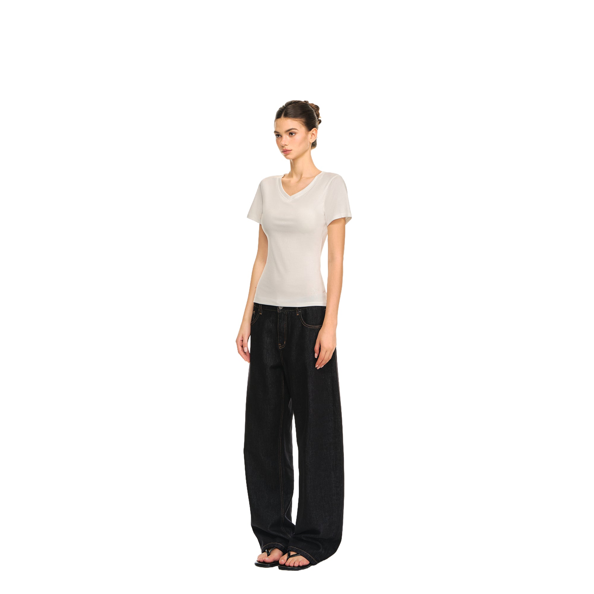 White Skin-friendly Lyocell V-neck Simple Short T