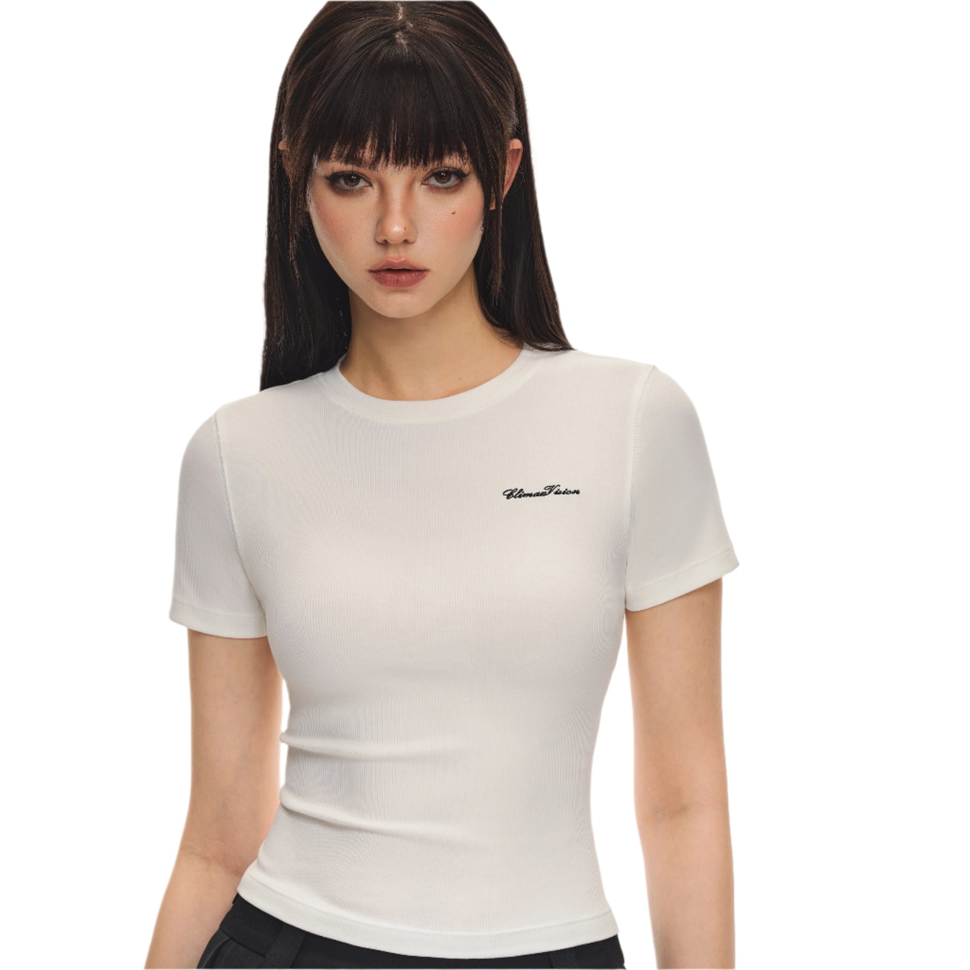 White Vertical Stripe Texture Cotton Stretch Short-sleeved T-shirt