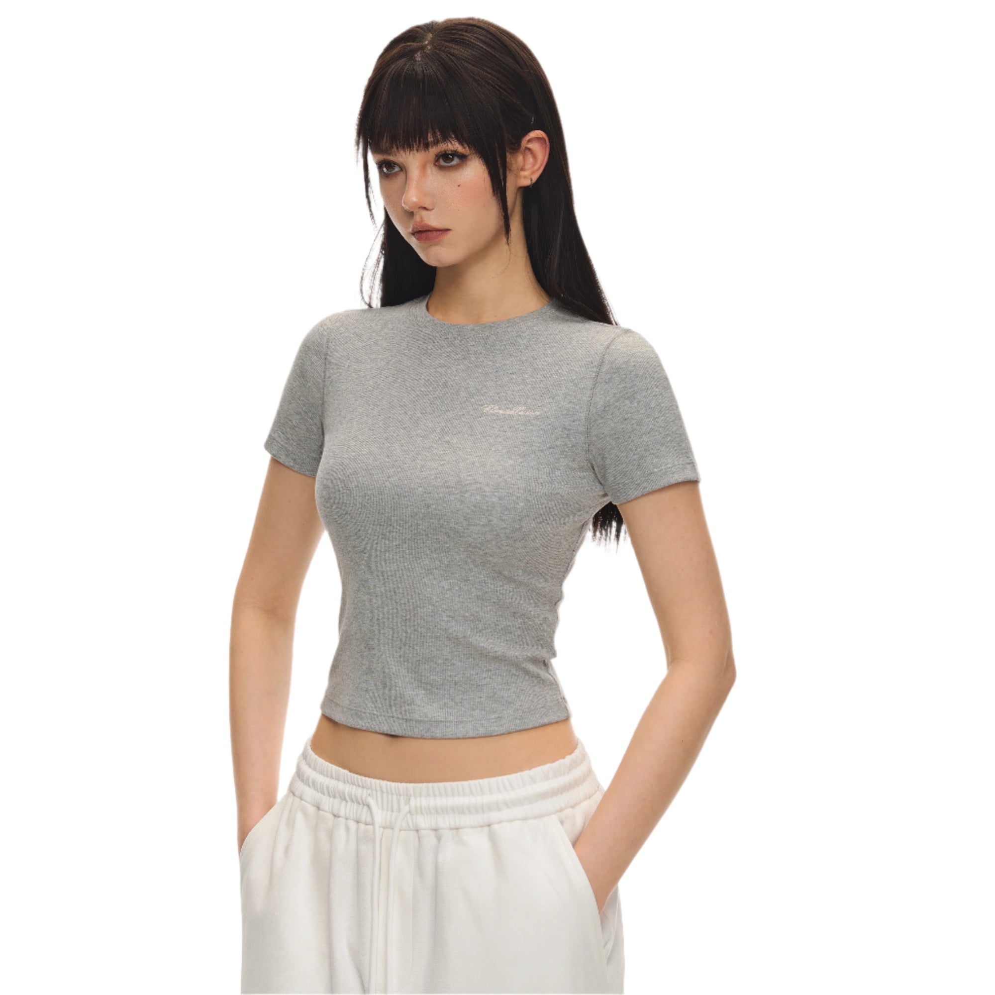 Grey Vertical Stripe Texture Cotton Stretch Short-sleeved T-shirt