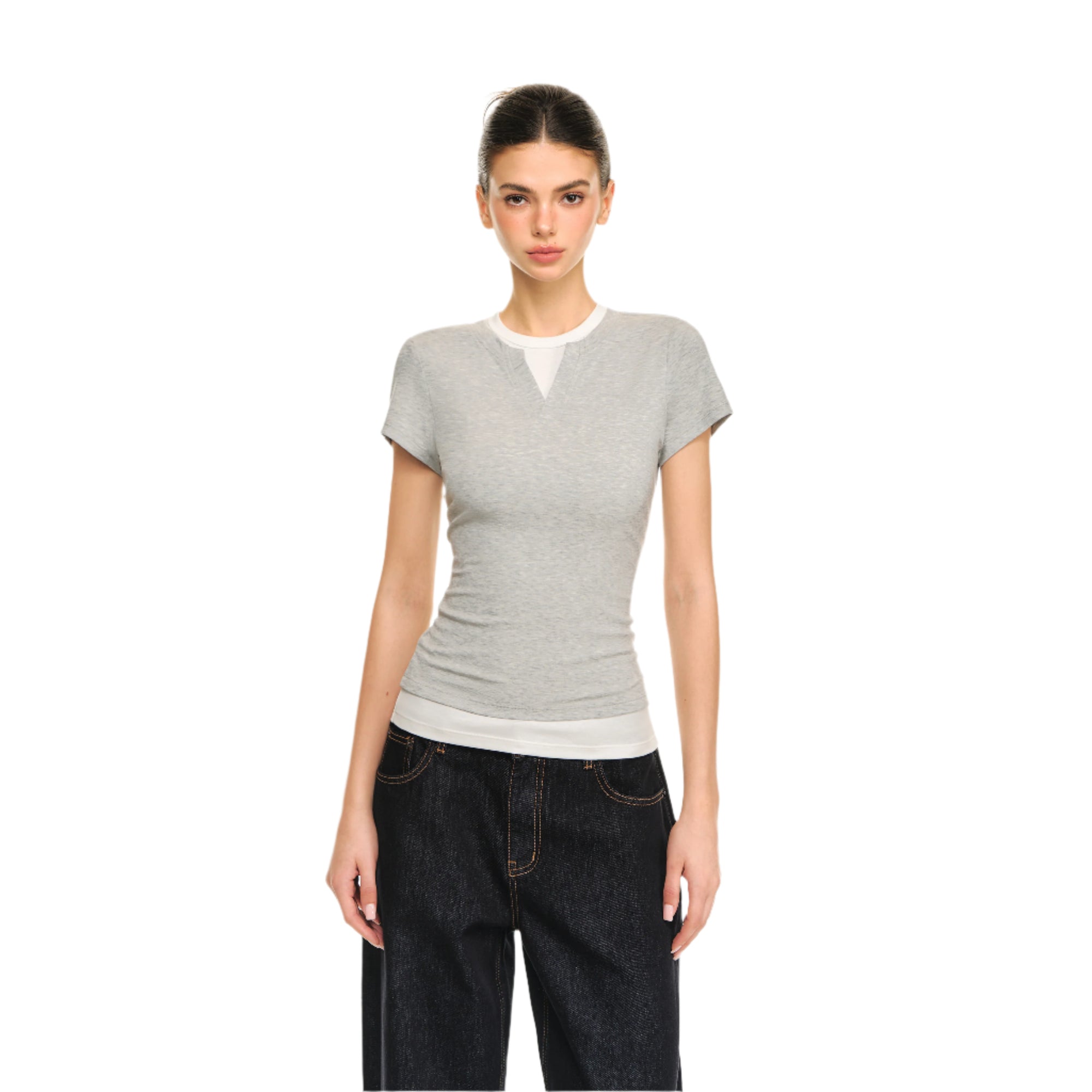 Grey Cool Fake Two-piece V-neck Short-sleeved T-shirt