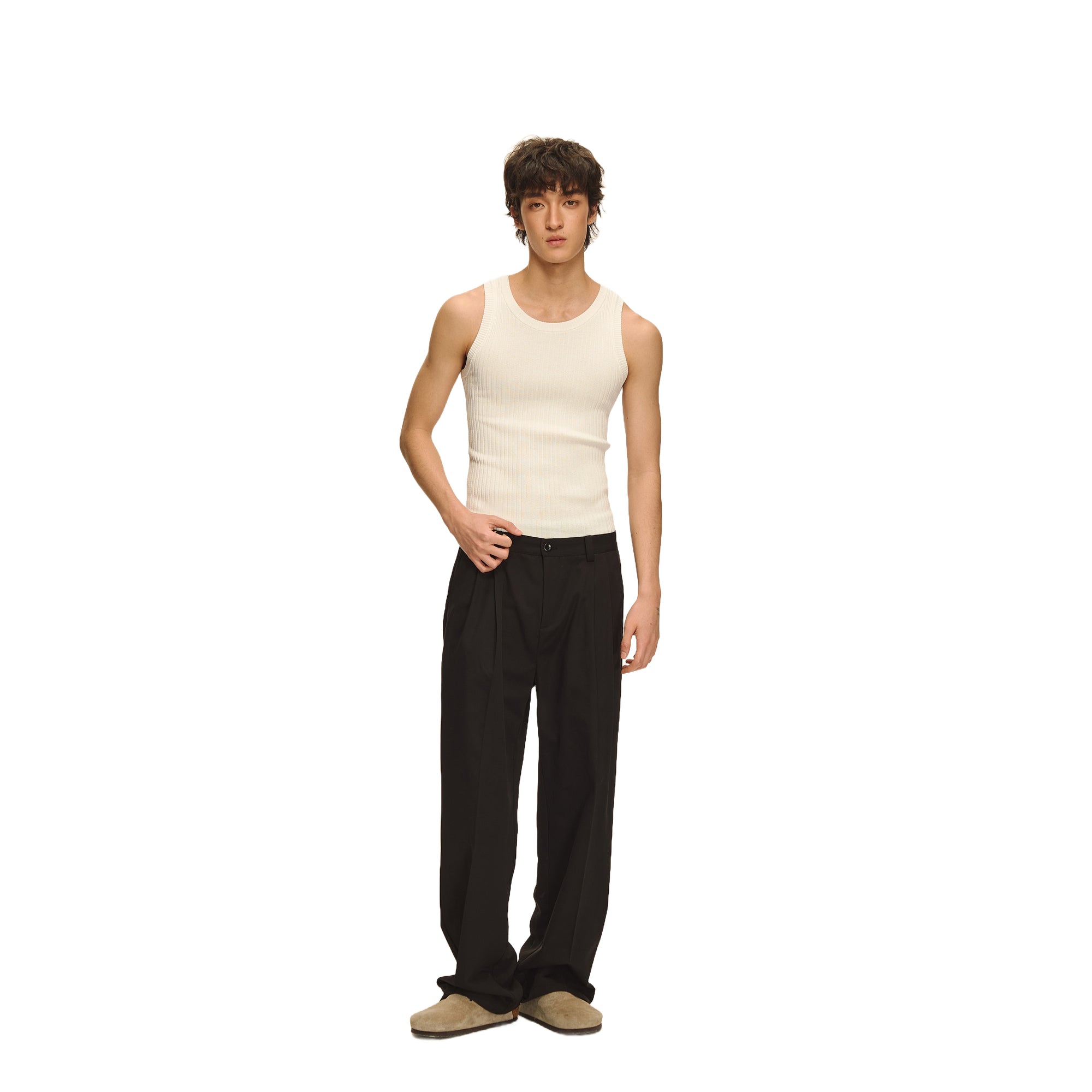 Black Acetate Wool Slightly Tapered Casual Trousers