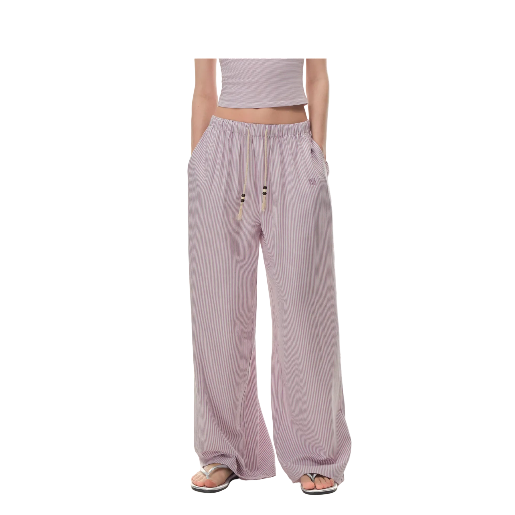 Purple Beaded Striped Casual Pants