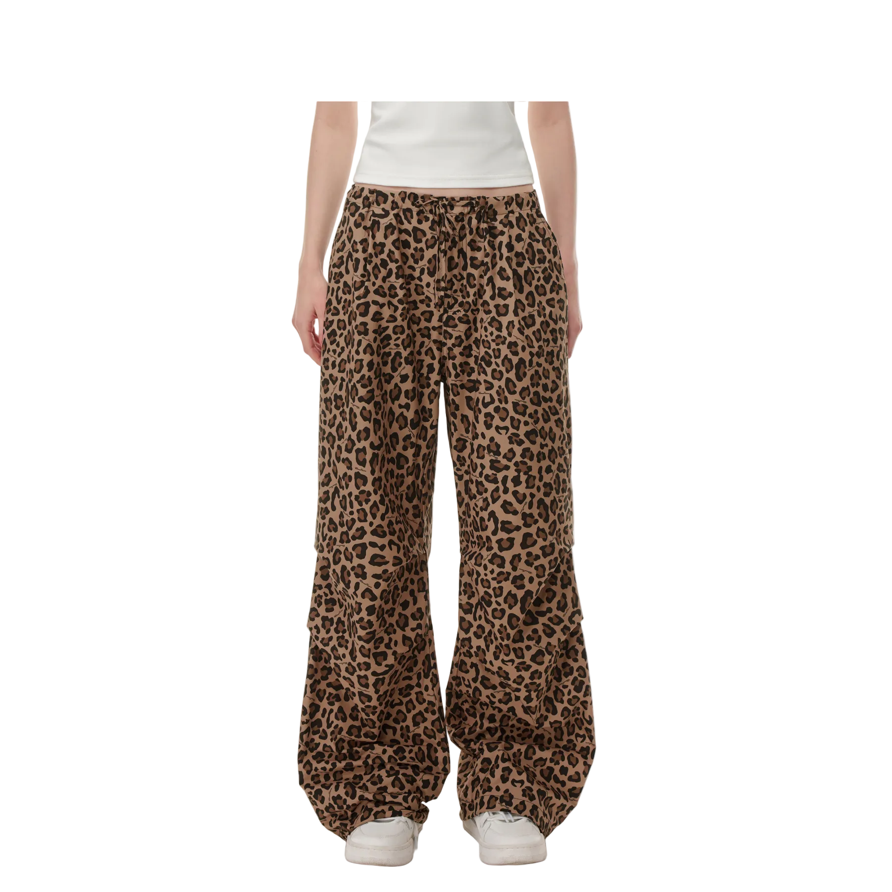 Brown Leopard Print Pants Drawstring Pleated Straight Leg Paratrooper Pants