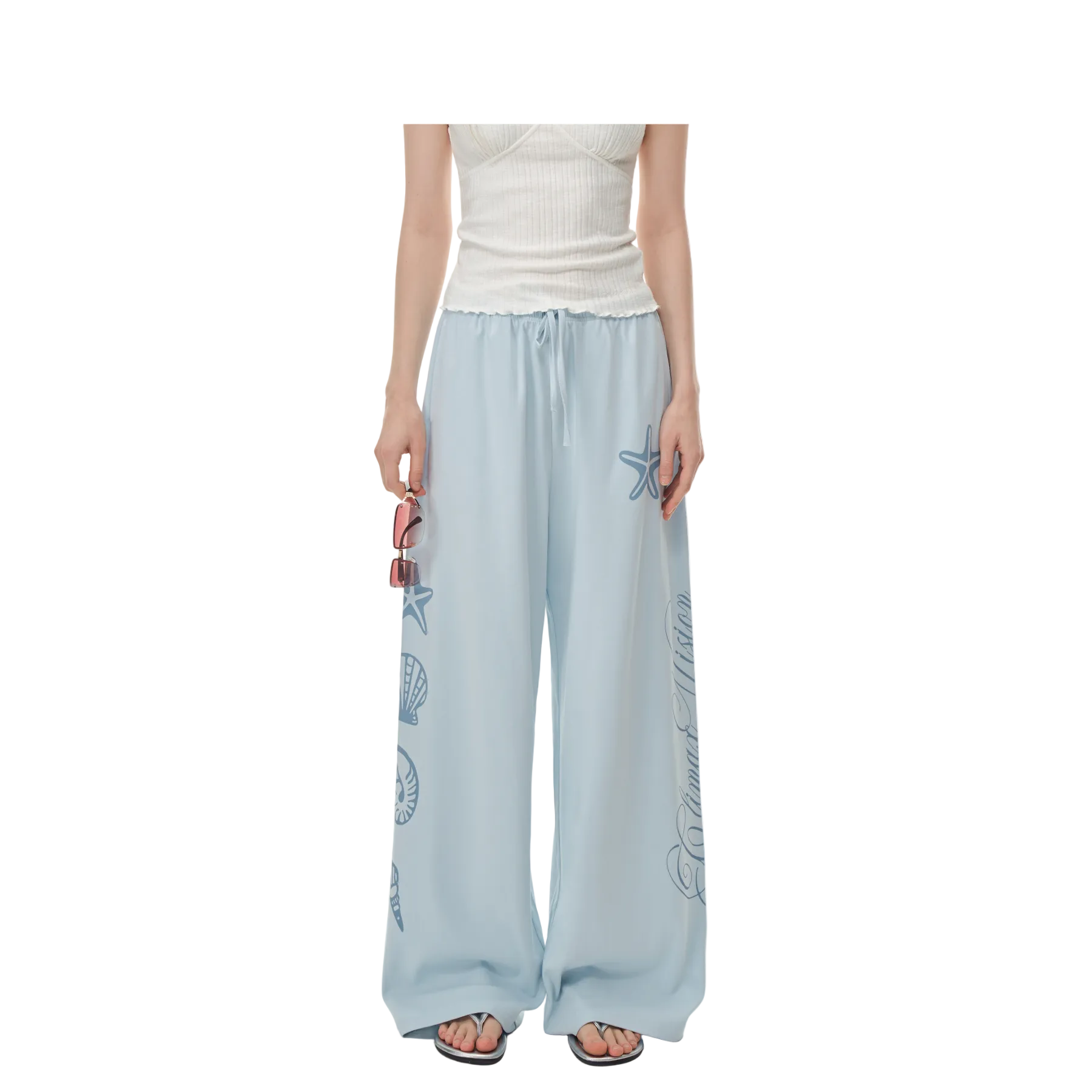 Blue Resort Style Shell Ocean Tencel Cotton Trousers