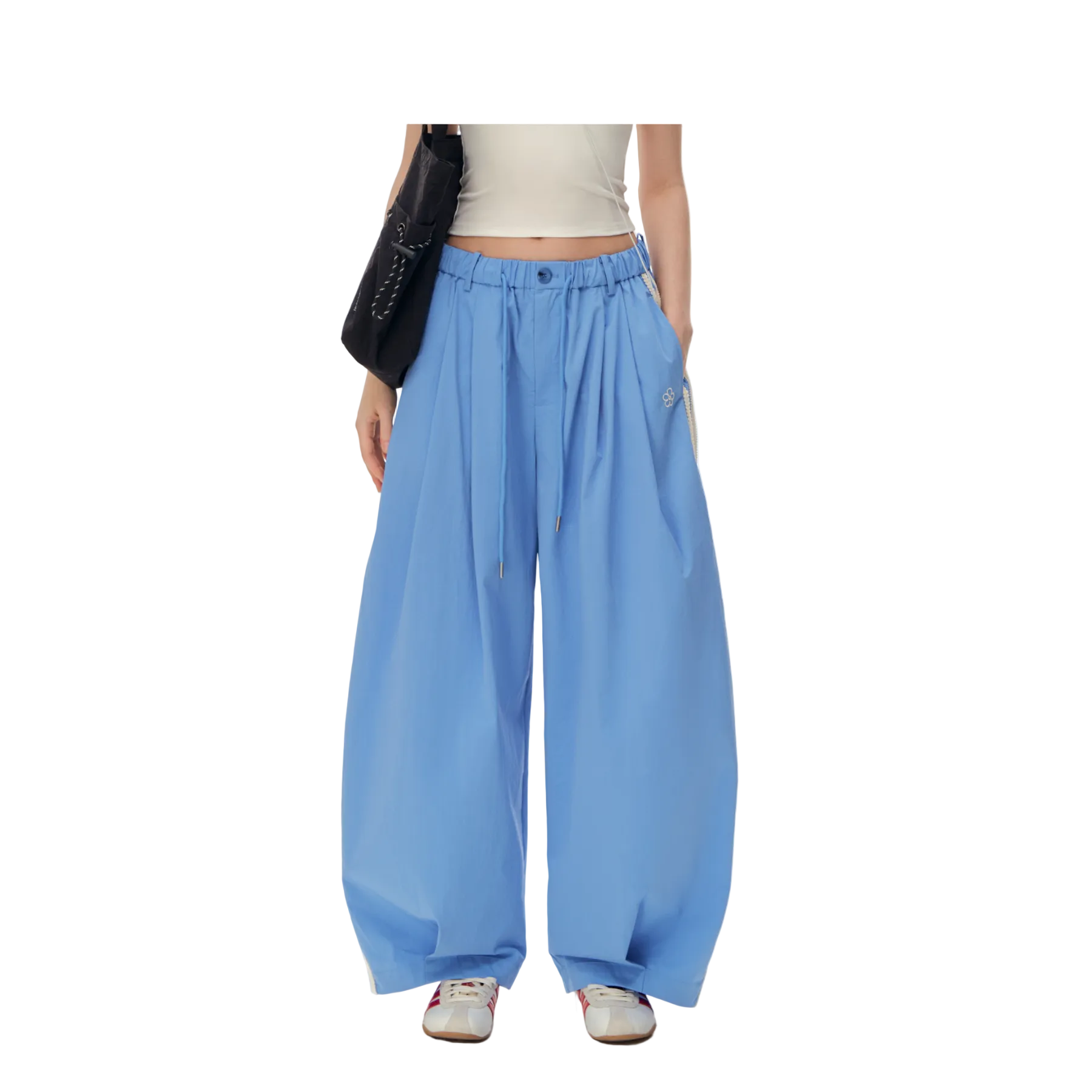 Blue Floral Embroidered Side Striped Wide-Leg Pants